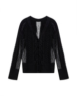 Womens Cardigan Deep V-Neck Cotton–Acrylic Heavy Gauge Lace Cable Mix Sophisticated Glamorous - Black 63_791H009_NEG194007_3