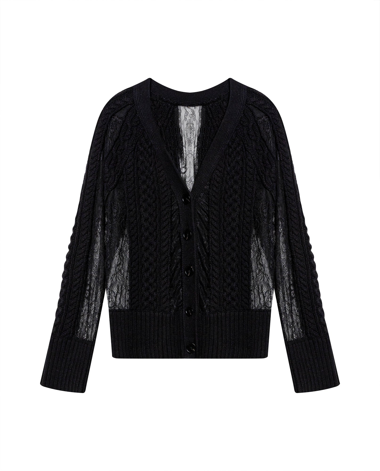 Womens Cardigan Deep V-Neck Cotton–Acrylic Heavy Gauge Lace Cable Mix Sophisticated Glamorous - Black 63_791H009_NEG194007_3