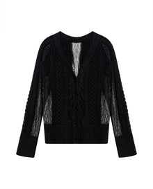 Womens Cardigan Deep V-Neck Cotton–Acrylic Heavy Gauge Lace Cable Mix Sophisticated Glamorous - Black 63_791H009_NEG194007_3