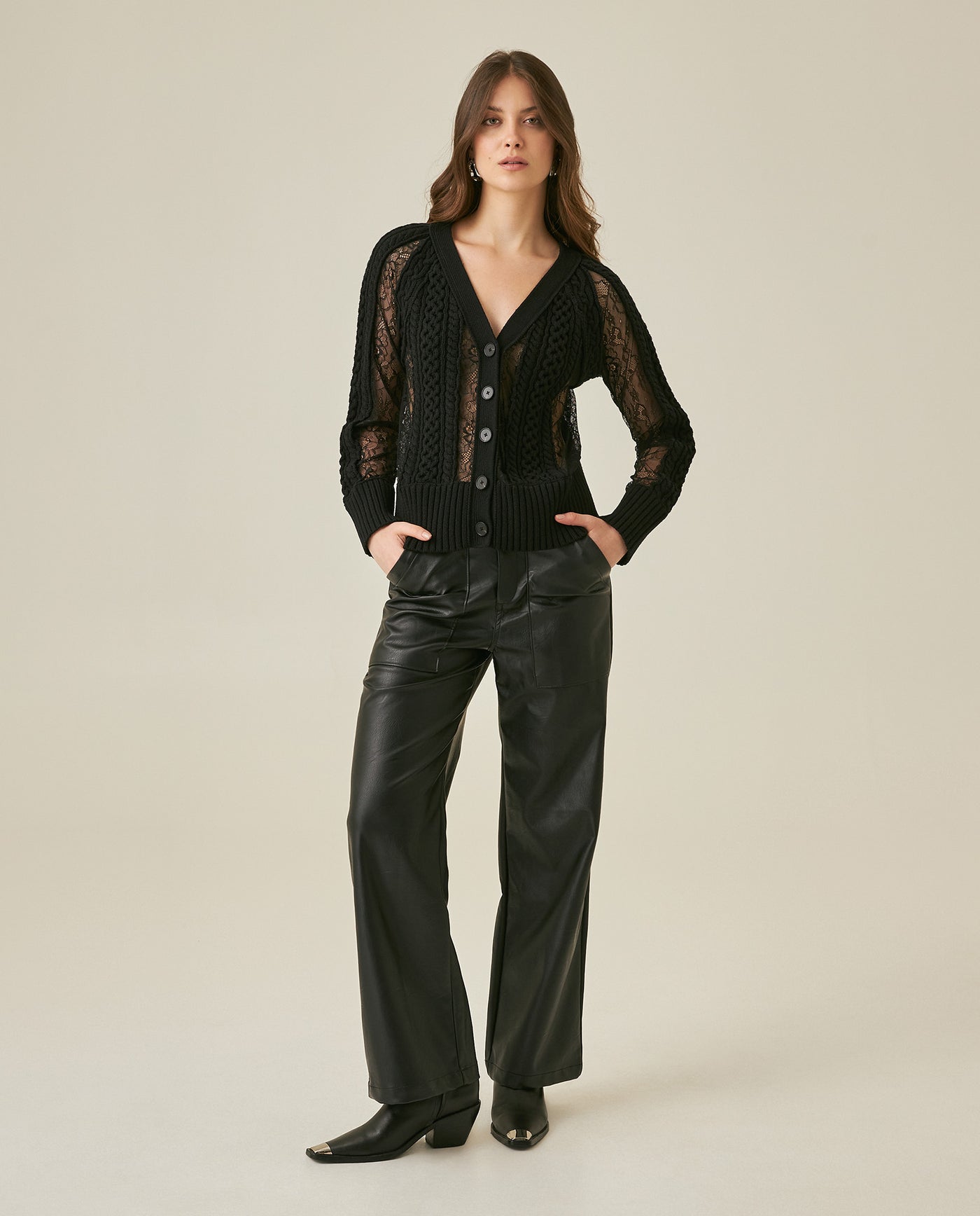 Womens Cardigan Deep V-Neck Cotton–Acrylic Heavy Gauge Lace Cable Mix Sophisticated Glamorous - Black 63_791H009_NEG194007_4