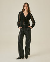 Womens Cardigan Deep V-Neck Cotton–Acrylic Heavy Gauge Lace Cable Mix Sophisticated Glamorous - Black 63_791H009_NEG194007_4
