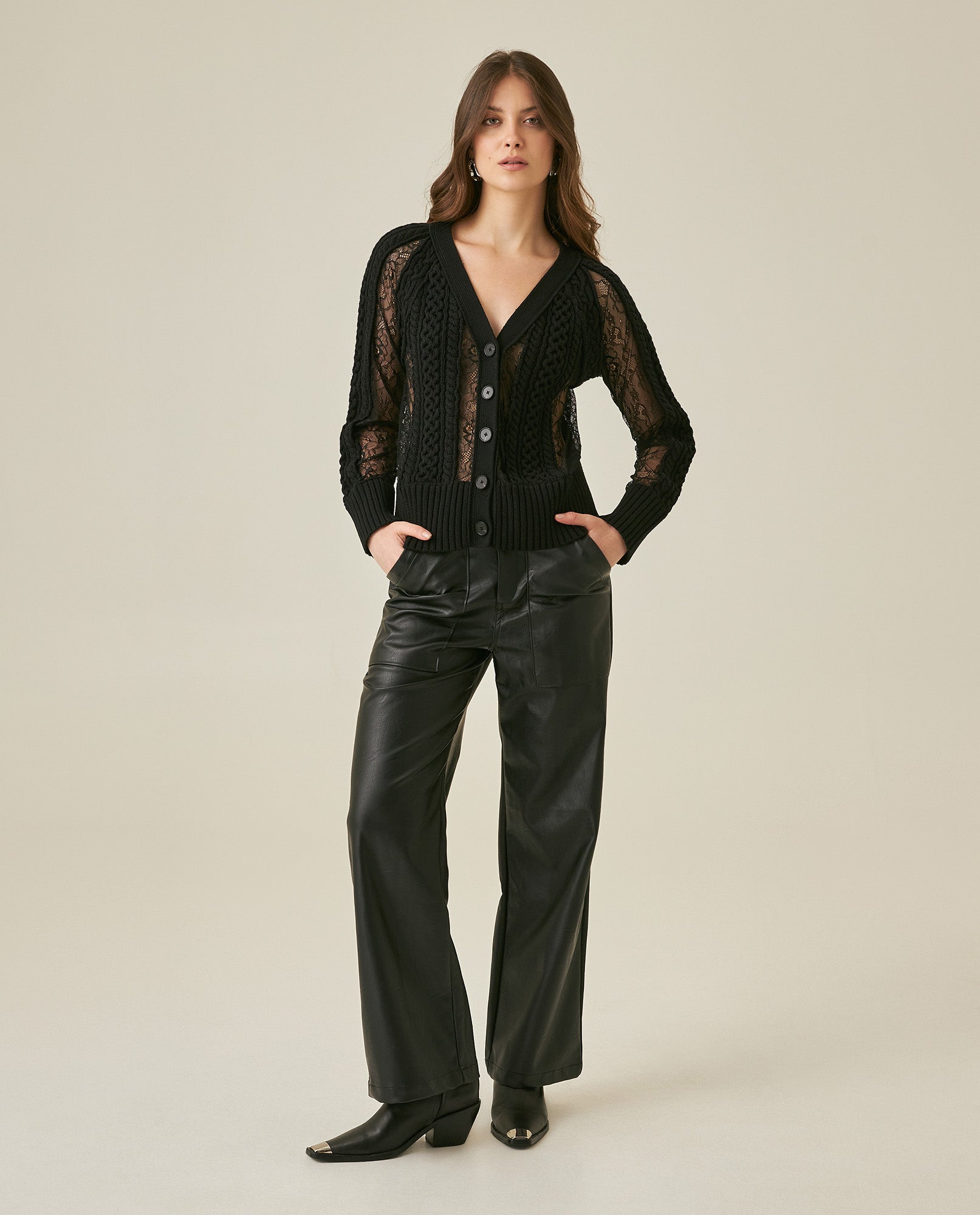 Womens Cardigan Deep V-Neck Cotton–Acrylic Heavy Gauge Lace Cable Mix Sophisticated Glamorous - Black 63_791H009_NEG194007_4