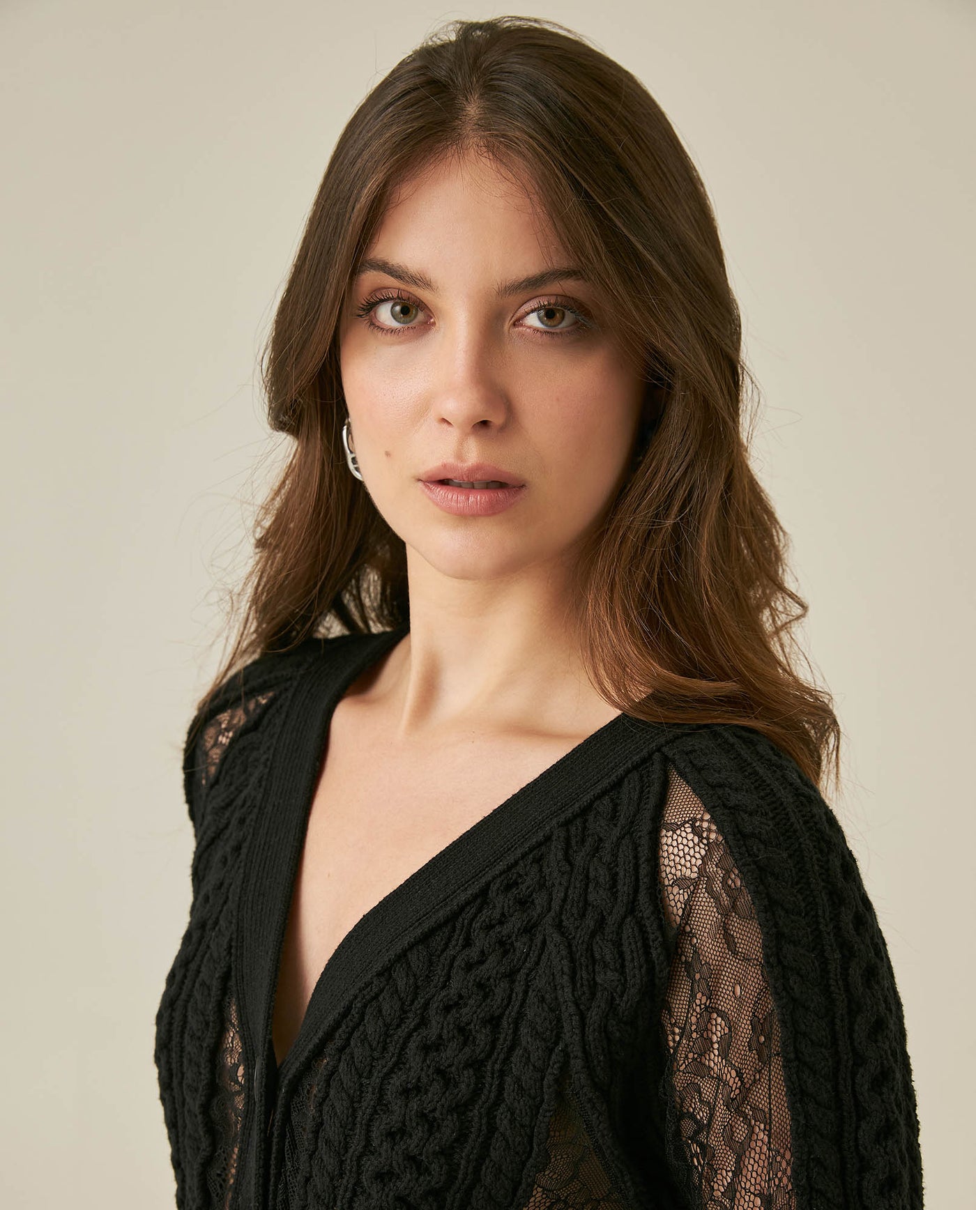 Womens Cardigan Deep V-Neck Cotton–Acrylic Heavy Gauge Lace Cable Mix Sophisticated Glamorous - Black 63_791H009_NEG194007_5