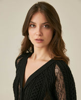 Womens Cardigan Deep V-Neck Cotton–Acrylic Heavy Gauge Lace Cable Mix Sophisticated Glamorous - Black 63_791H009_NEG194007_5