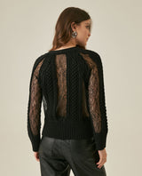 Womens Cardigan Deep V-Neck Cotton–Acrylic Heavy Gauge Lace Cable Mix Sophisticated Glamorous - Black 63_791H009_NEG194007_6