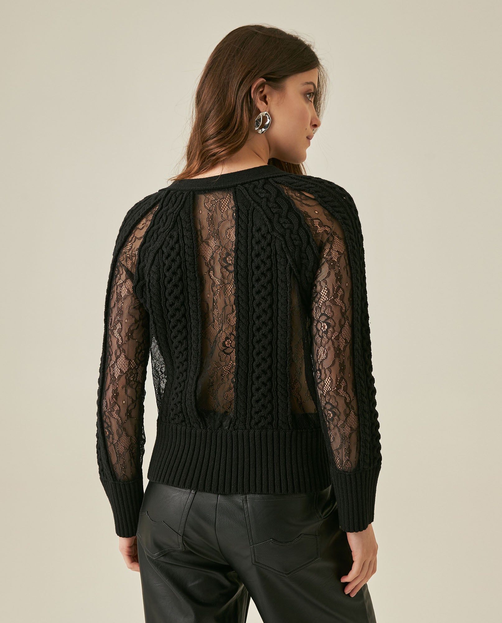 Womens Cardigan Deep V-Neck Cotton–Acrylic Heavy Gauge Lace Cable Mix Sophisticated Glamorous - Black 63_791H009_NEG194007_6