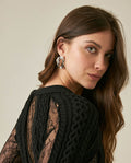 Womens Cardigan Deep V-Neck Cotton–Acrylic Heavy Gauge Lace Cable Mix Sophisticated Glamorous - Black 63_791H009_NEG194007_7