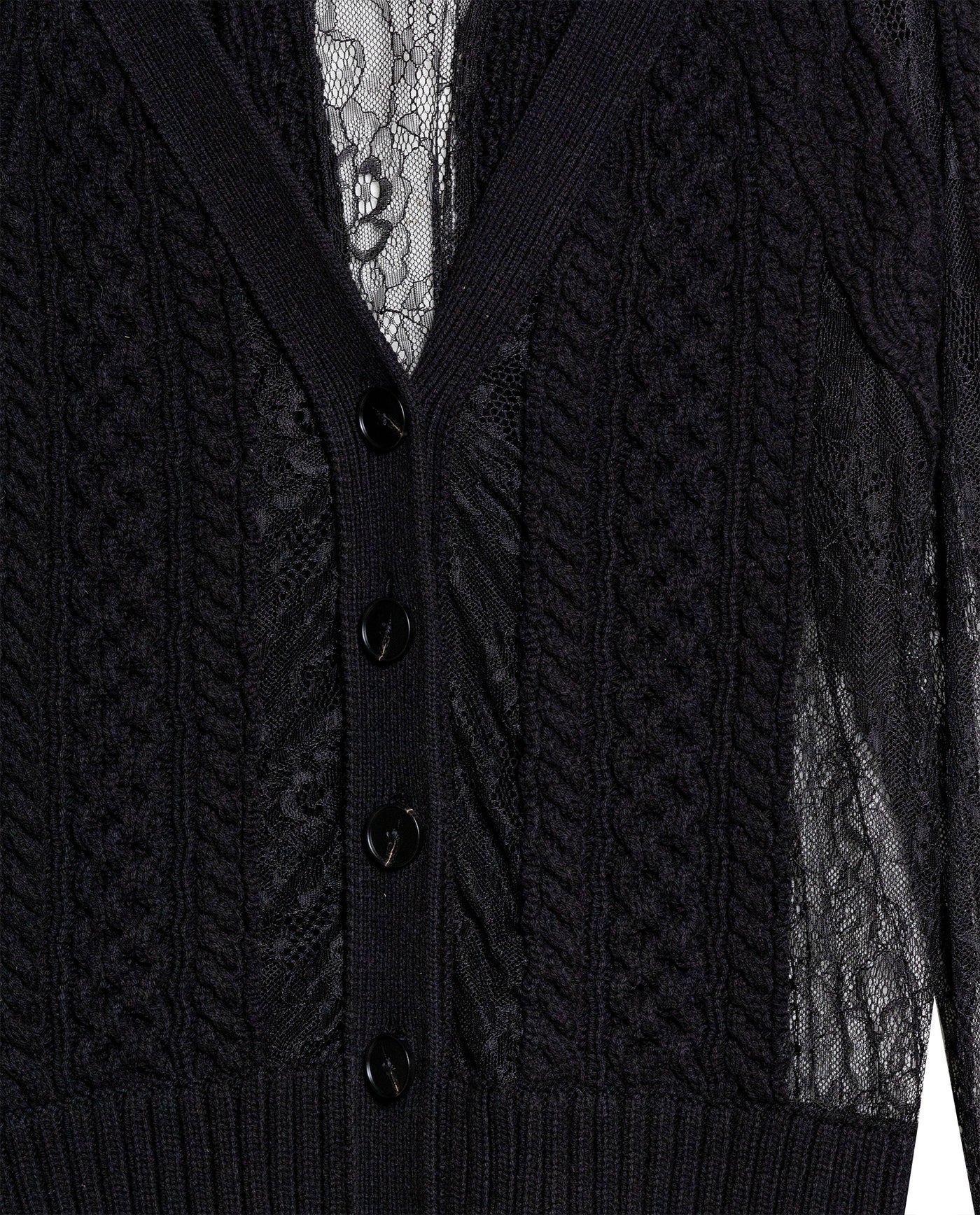 Womens Cardigan Deep V-Neck Cotton–Acrylic Heavy Gauge Lace Cable Mix Sophisticated Glamorous - Black 63_791H009_NEG194007_8