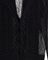 Womens Cardigan Deep V-Neck Cotton–Acrylic Heavy Gauge Lace Cable Mix Sophisticated Glamorous - Black 63_791H009_NEG194007_8