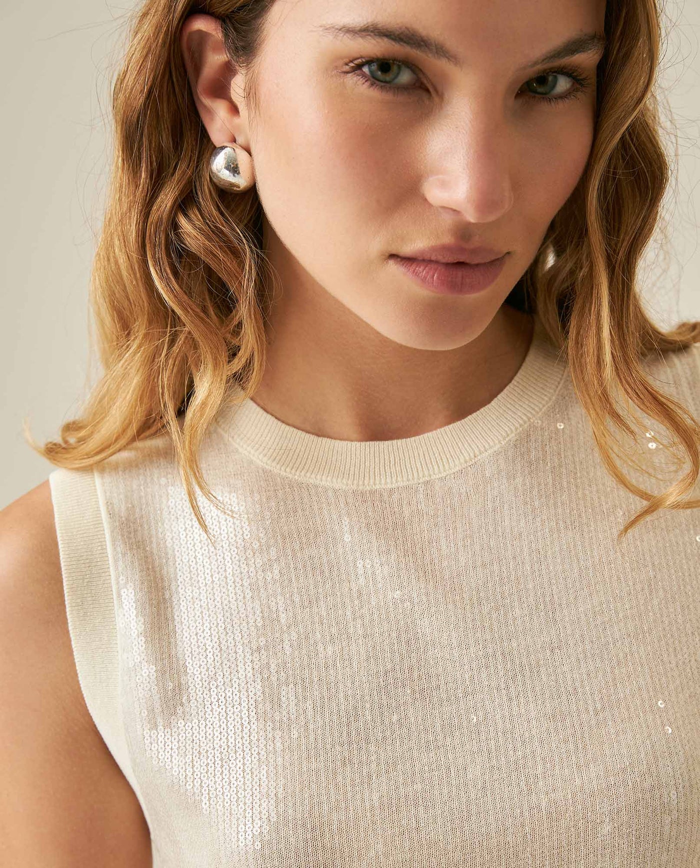 Womens Top Knit Sleeveless Lyocell Blend Linen Tone-on-Tone Sequins Ultra Lightweight Subtle Shine - Raw 63_791H010_CRU114302_5