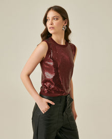 Womens Top Knit Sleeveless Lyocell Blend Linen Tone-on-Tone Sequins Ultra Lightweight Subtle Shine - Red 63_791H010_ROJ191522_0