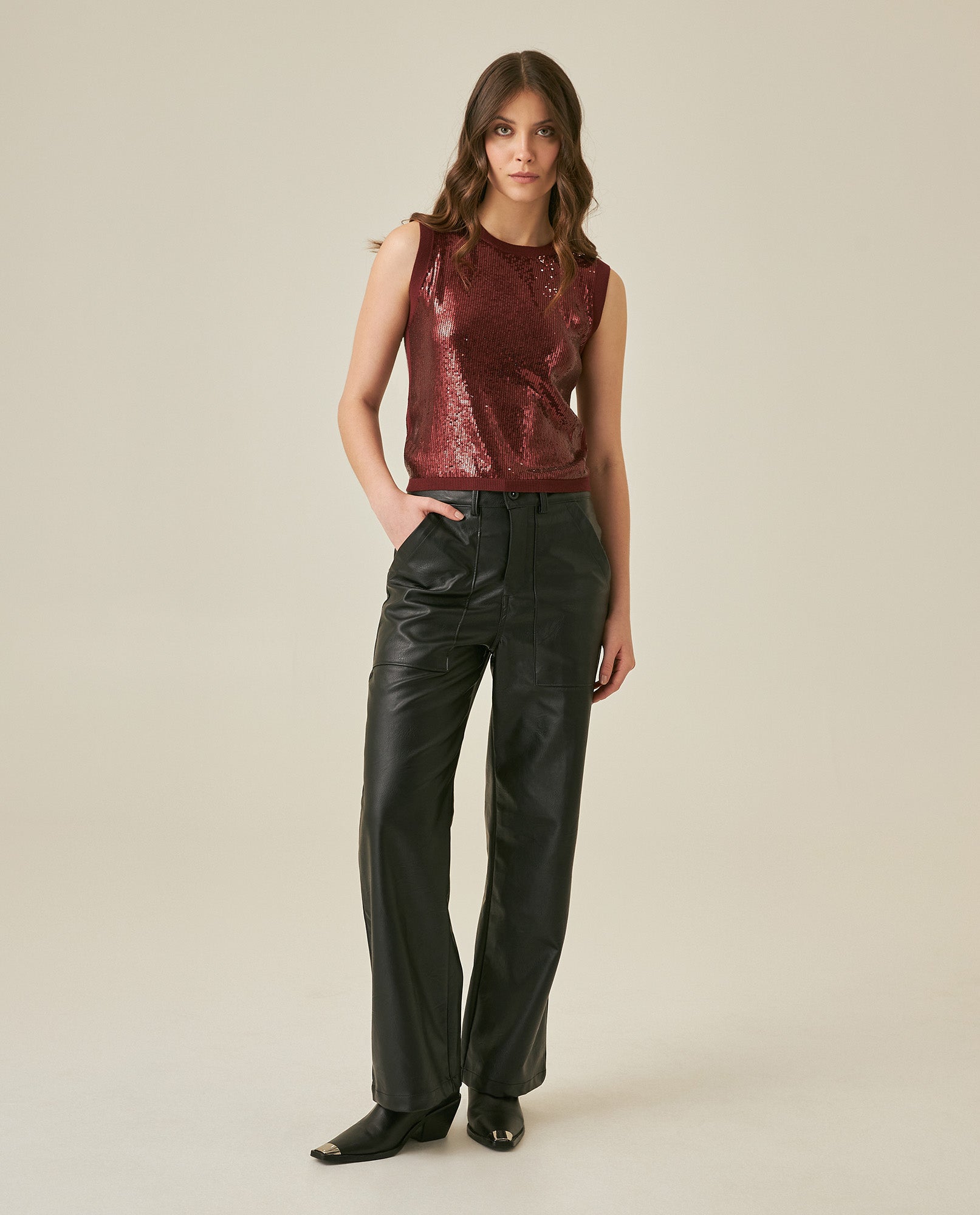 Womens Top Knit Sleeveless Lyocell Blend Linen Tone-on-Tone Sequins Ultra Lightweight Subtle Shine - Red 63_791H010_ROJ191522_4