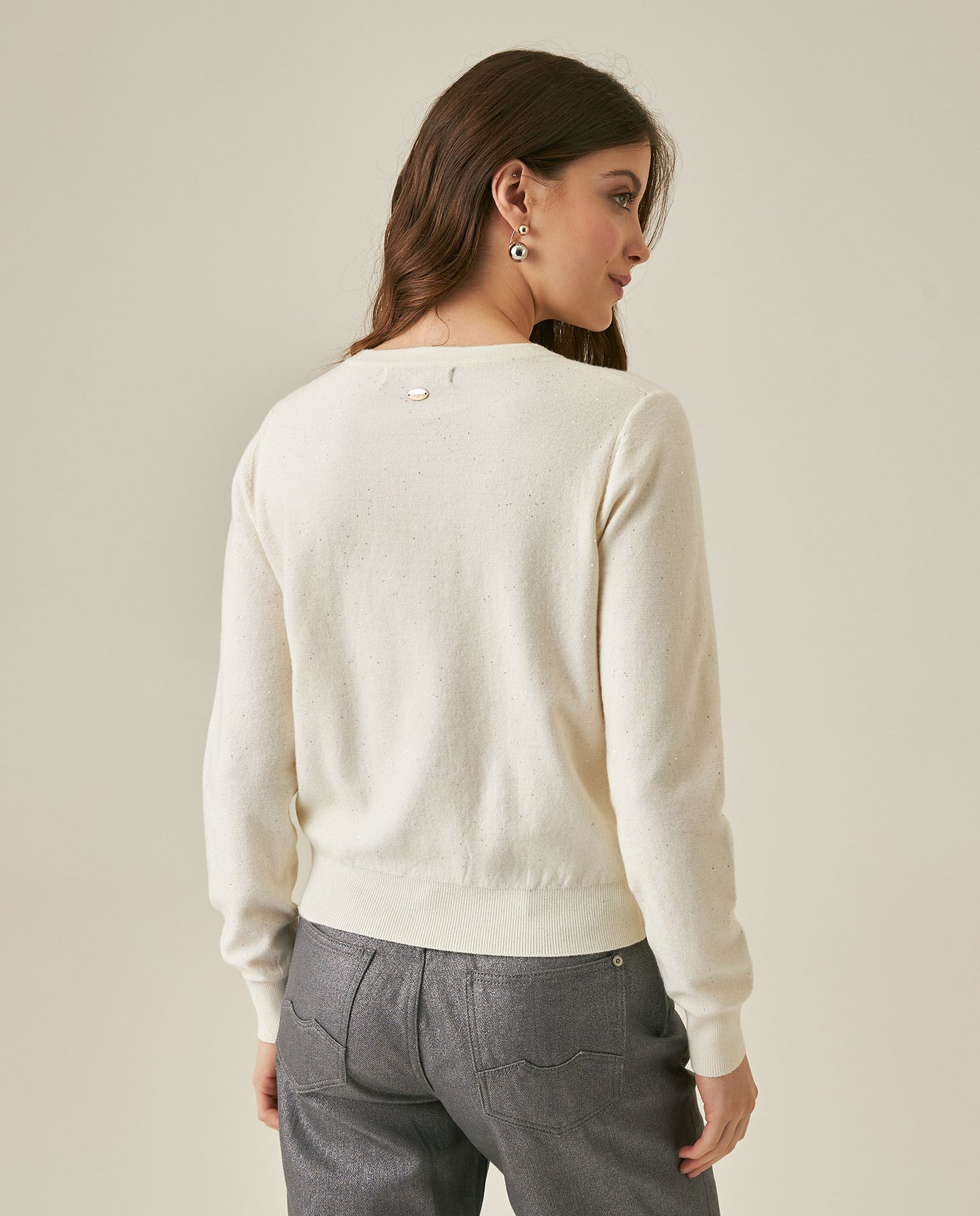 Womens Sweater Knit Long Sleeve Crewneck Viscose Blend Mini Sequins Ultra Soft Subtle Shine - Raw 63_791H011_CRU110103_6
