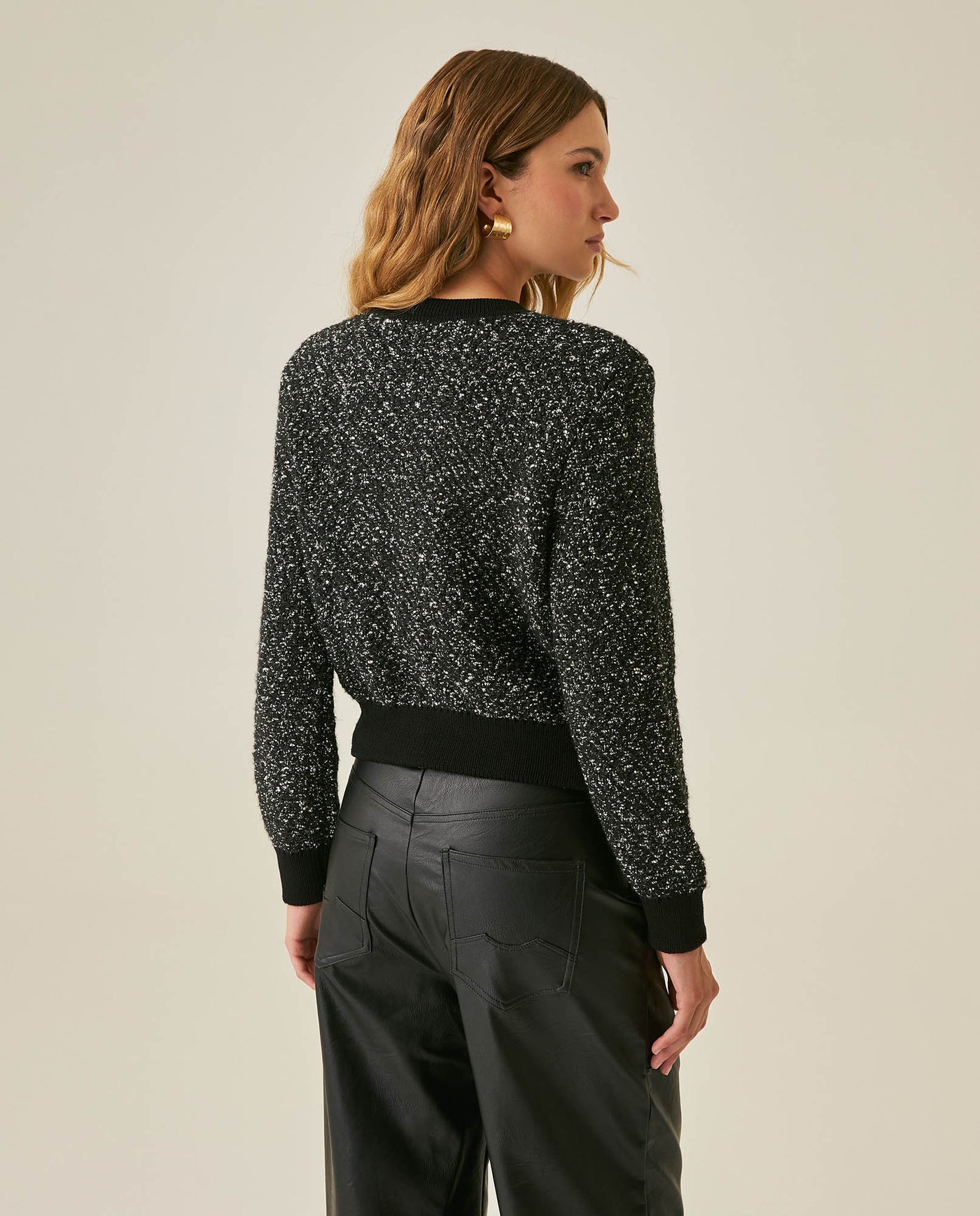 Womens Cardigan Crewneck Knit Looped Texture Polyester Blend - Black 63_791H012_NEG194007_6