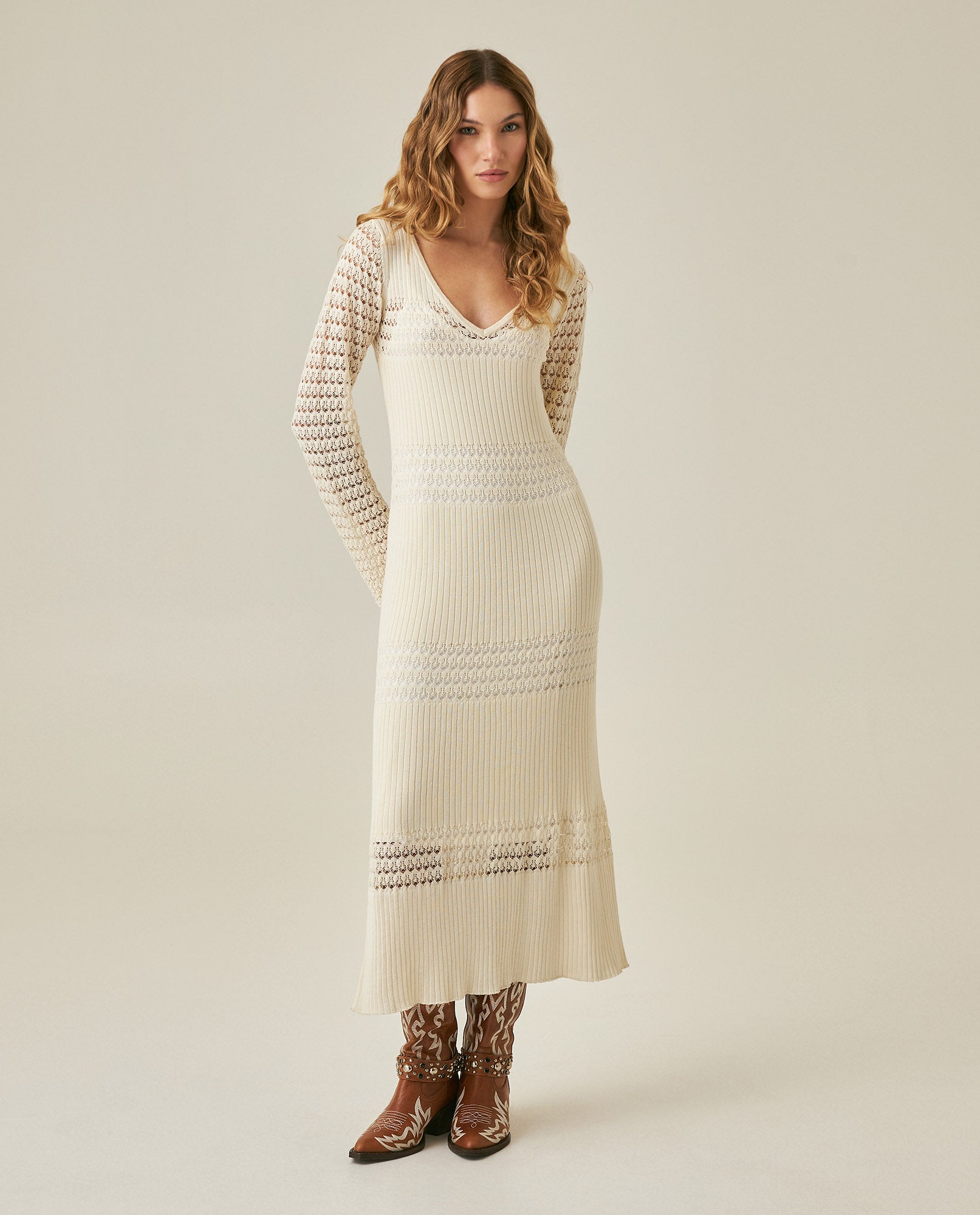Womens Dress Knit Crochet Viscose Blend Continuous Artisan Crochet Deep V-Neck - Raw 63_791H013_CRU110103_4
