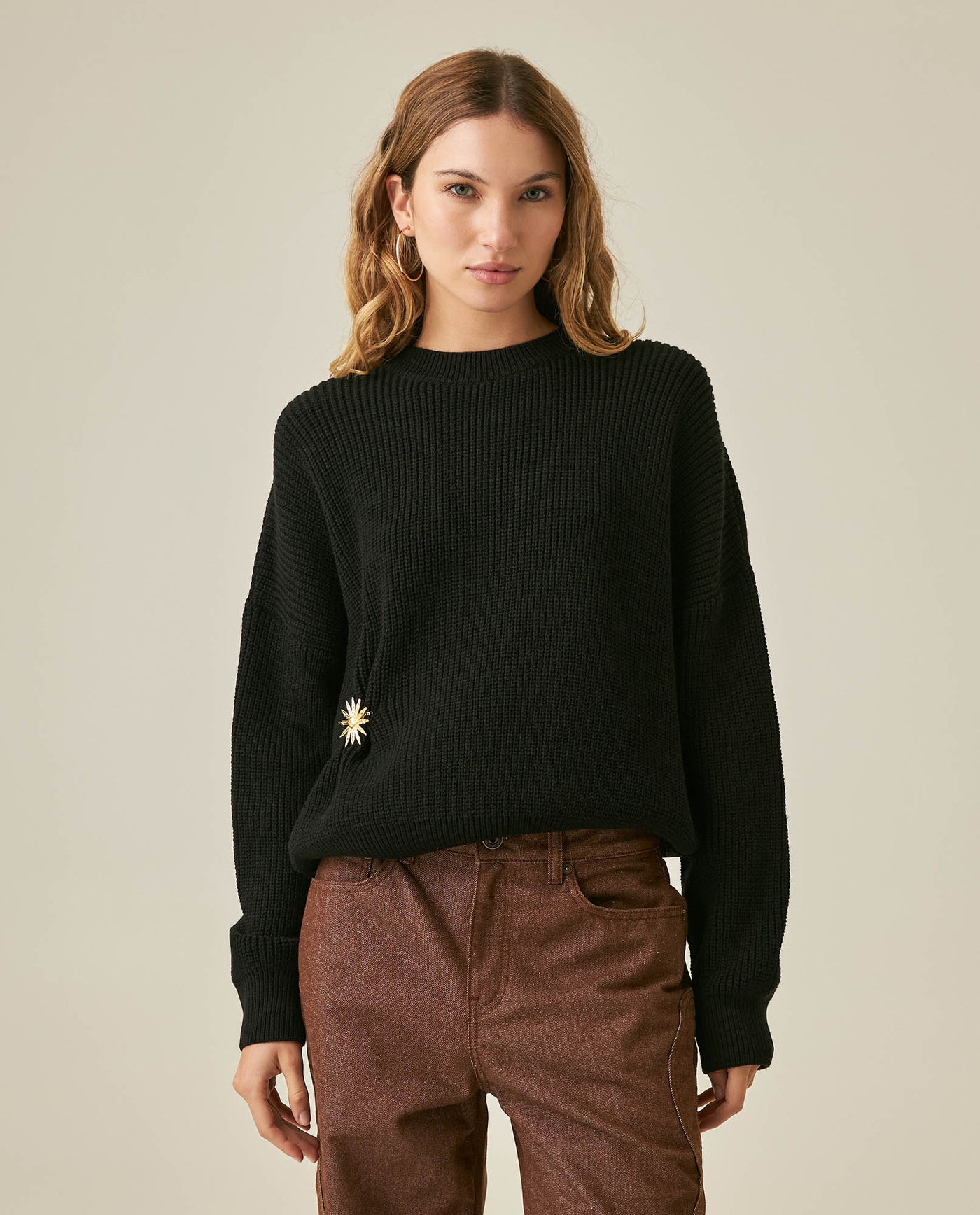 Womens Sweater Knit Acrylic Blend English Stitch Displaced Armhole Removable Pin Ribbed Cuffs - Mothers - Black 63_791H015_NEG194007_0