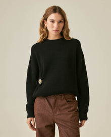 Womens Sweater Knit Acrylic Blend English Stitch Displaced Armhole Removable Pin Ribbed Cuffs - Mothers - Black 63_791H015_NEG194007_0