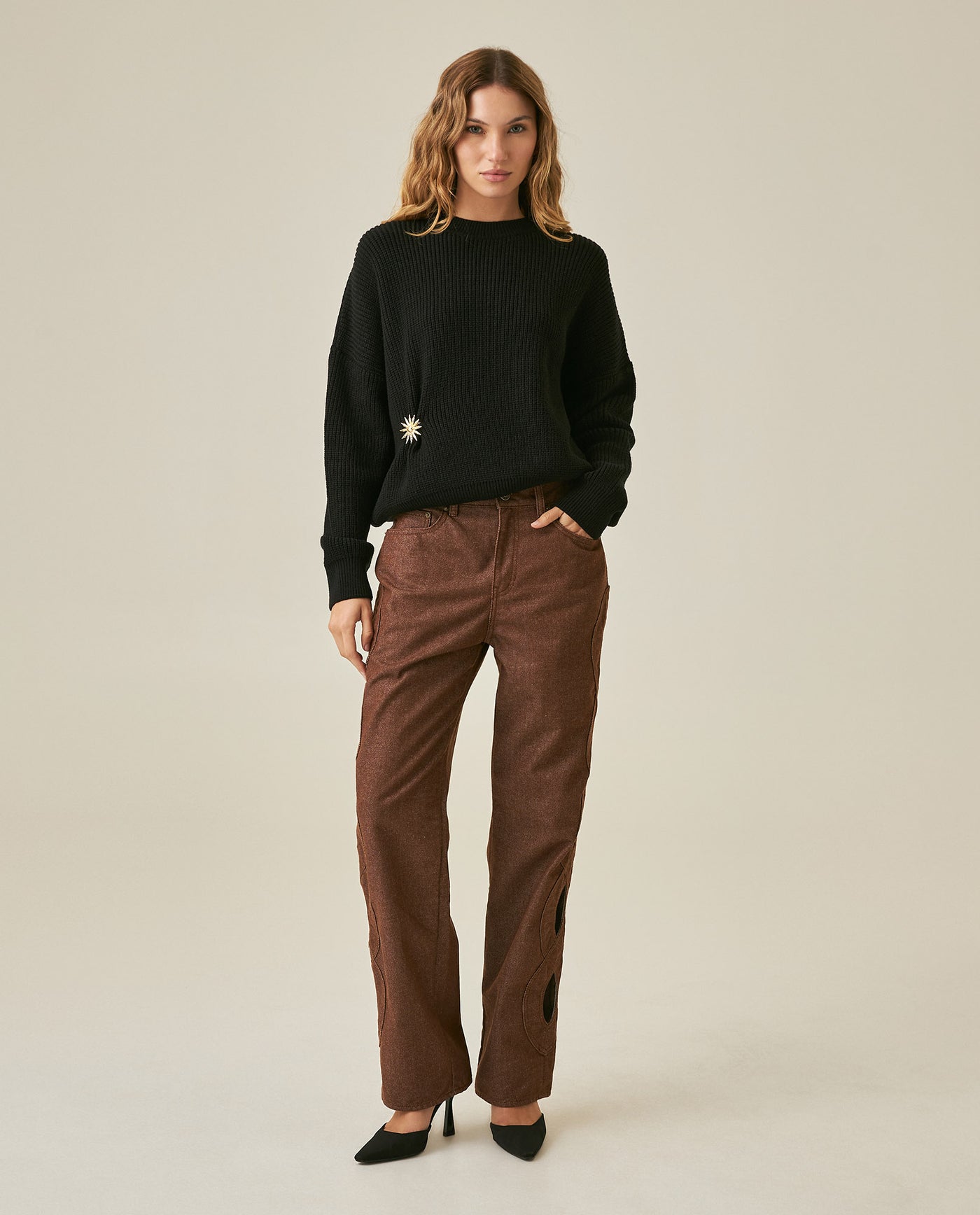 Womens Sweater Knit Acrylic Blend English Stitch Displaced Armhole Removable Pin Ribbed Cuffs - Mothers - Black 63_791H015_NEG194007_4