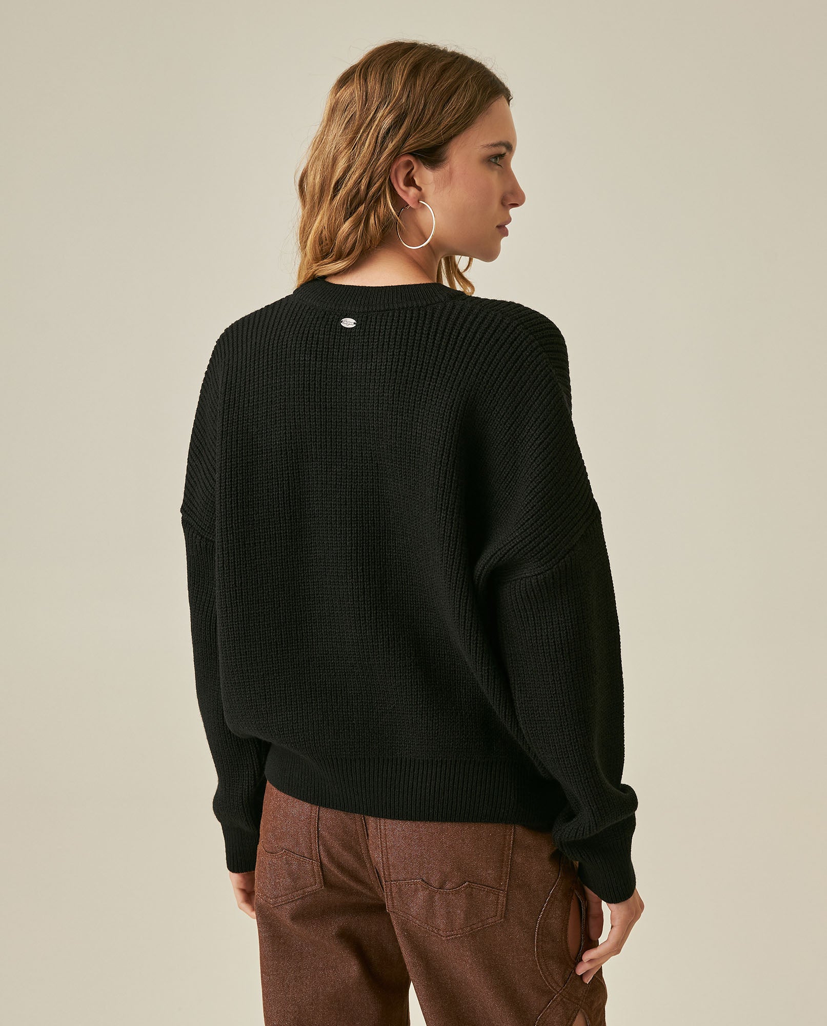 Womens Sweater Knit Acrylic Blend English Stitch Displaced Armhole Removable Pin Ribbed Cuffs - Mothers - Black 63_791H015_NEG194007_6