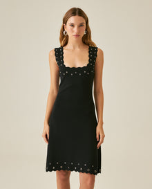 Womens Dress Short Knit Sleeveless Flared Silhouette Viscose Blend Knitted Beads Metal Eyelets Neckline - Black 63_791H016_NEG194007_0