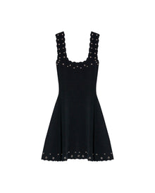 Womens Dress Short Knit Sleeveless Flared Silhouette Viscose Blend Knitted Beads Metal Eyelets Neckline - Black 63_791H016_NEG194007_3