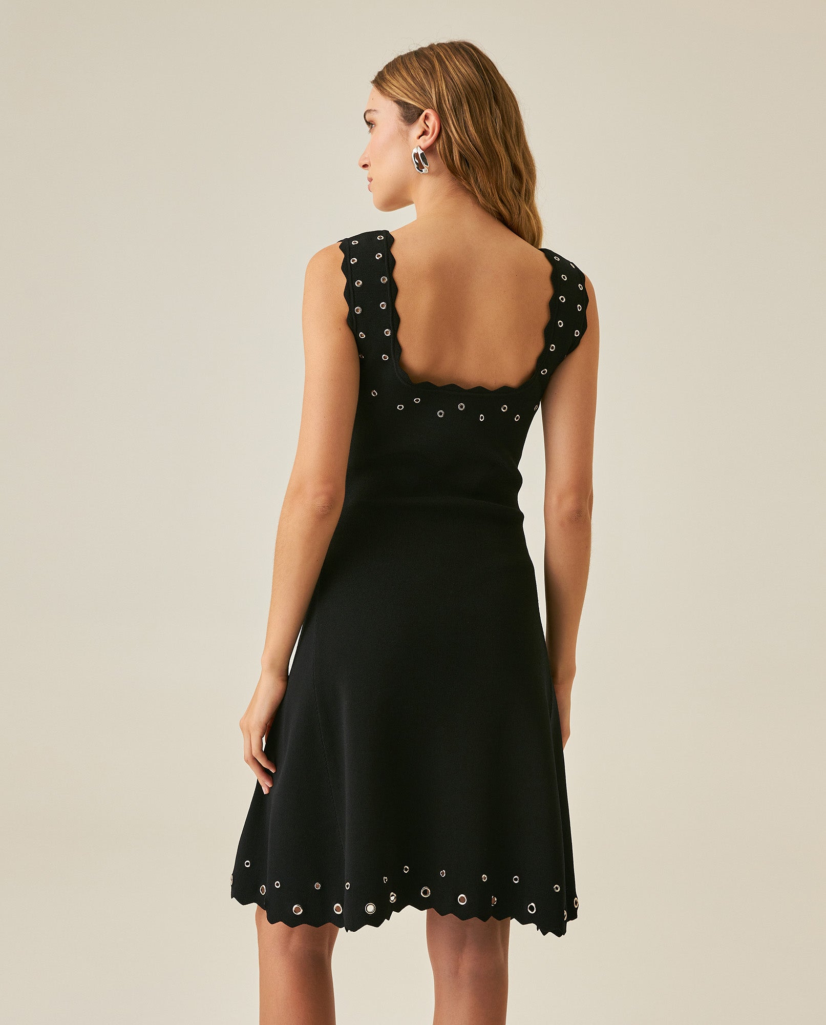 Womens Dress Short Knit Sleeveless Flared Silhouette Viscose Blend Knitted Beads Metal Eyelets Neckline - Black 63_791H016_NEG194007_6