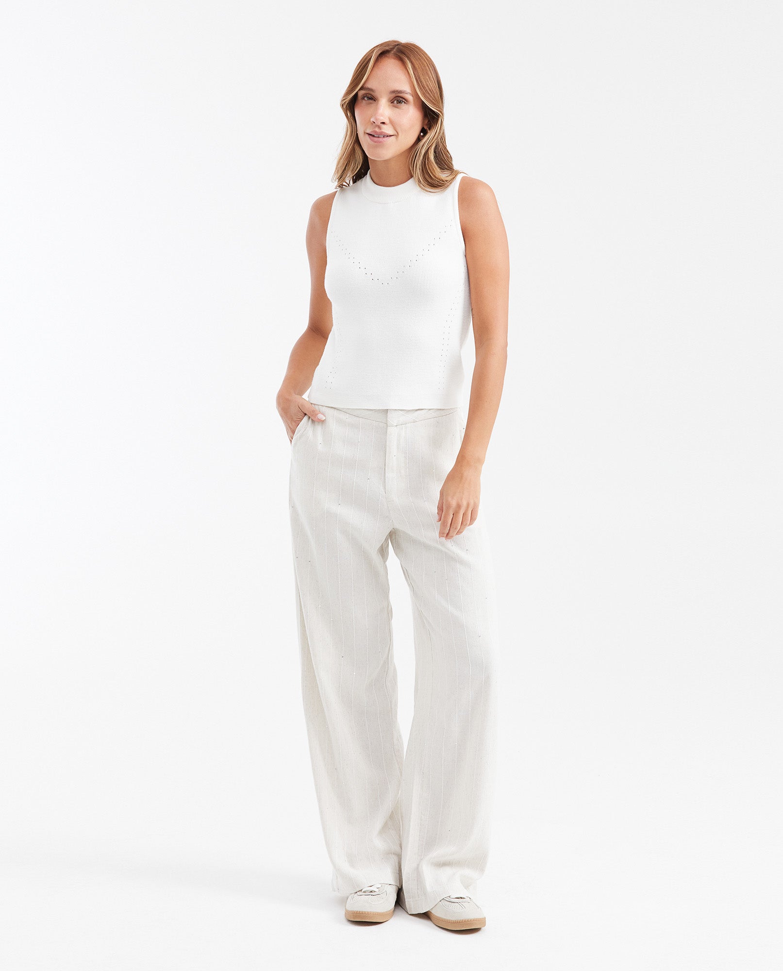 Women's Fitted Sleeveless Knit Top with Openwork Detail in Viscose-Nylon - 2