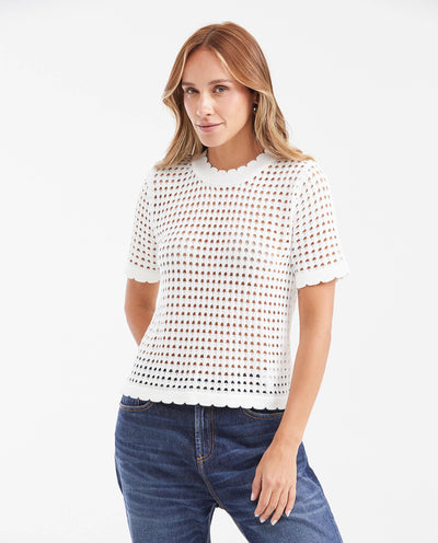 Women's Straight Fit Openwork Knit T-Shirt with Berry Details