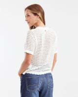 Women's Straight Fit Openwork Knit T-Shirt with Berry Details in Modal - 4