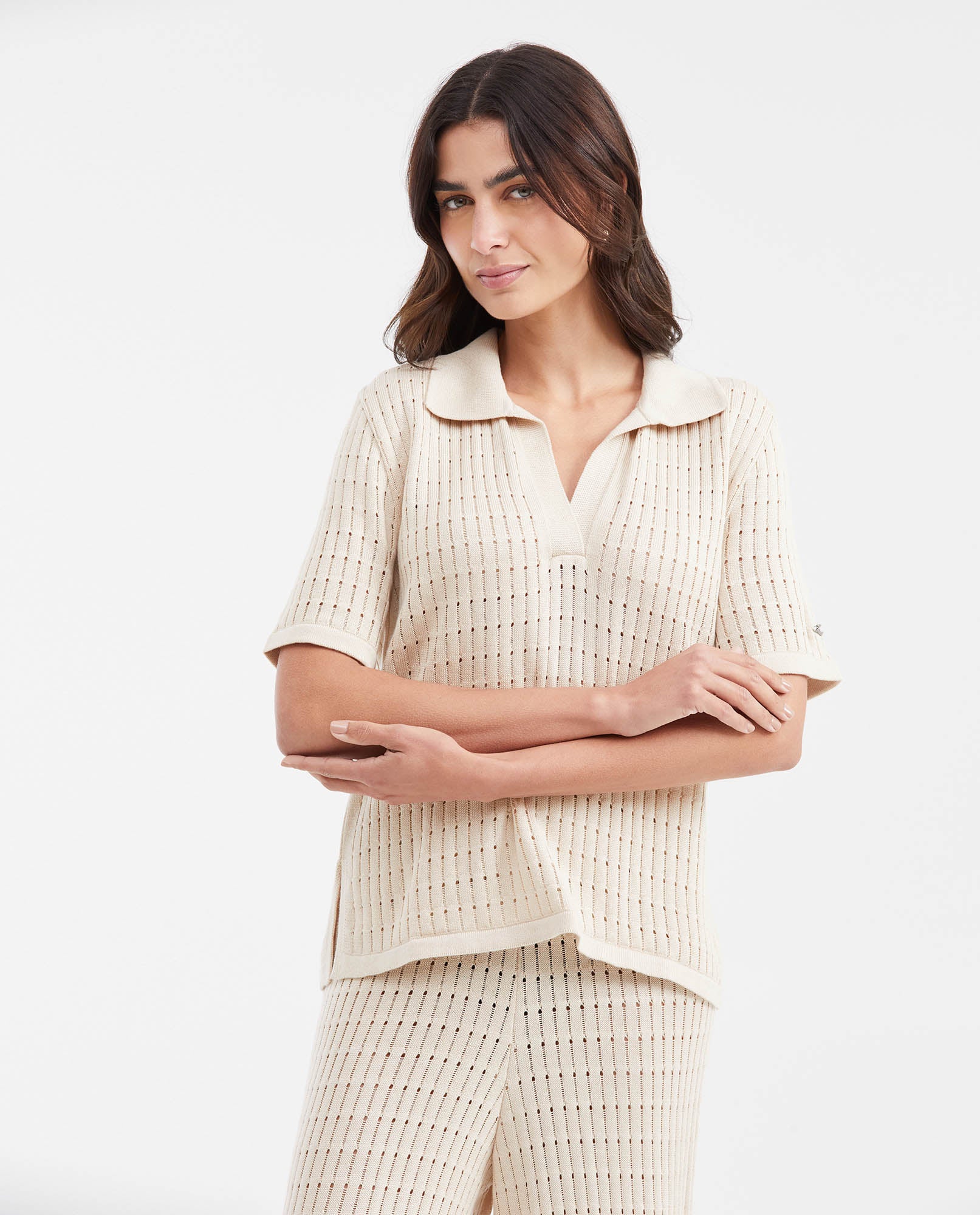 Women's Relaxed Oversized Openwork Polo Knit Top in Modal - Matching Set Piece - 1