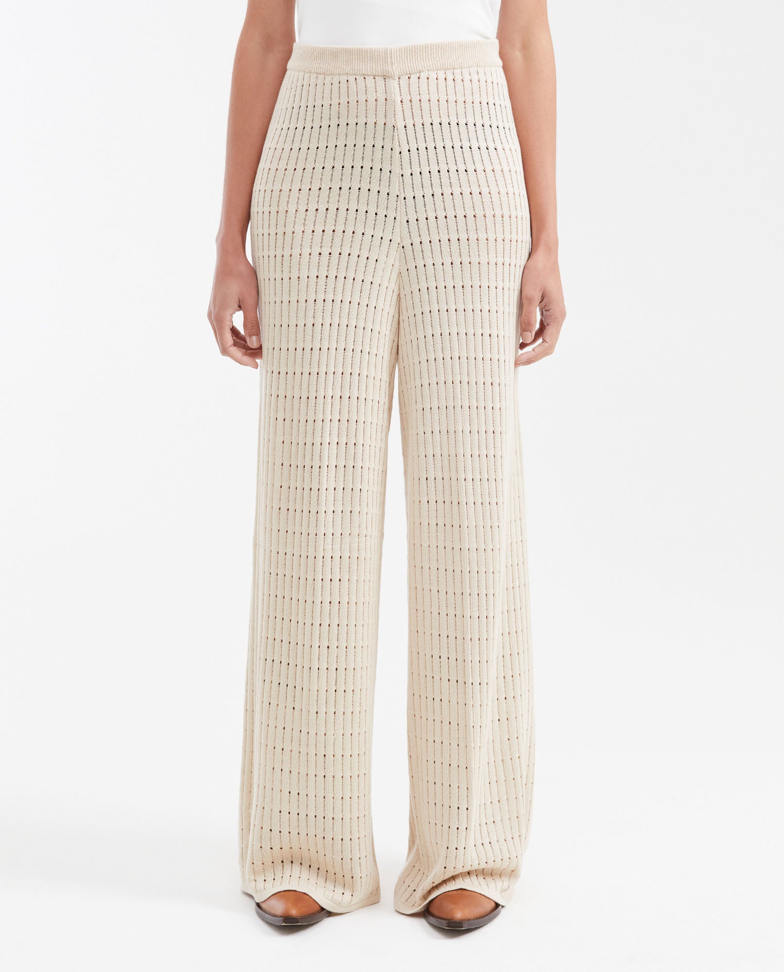 Women's High-Waisted Wide Leg Openwork Knit Pants in Modal - Matching Set Piece - 1