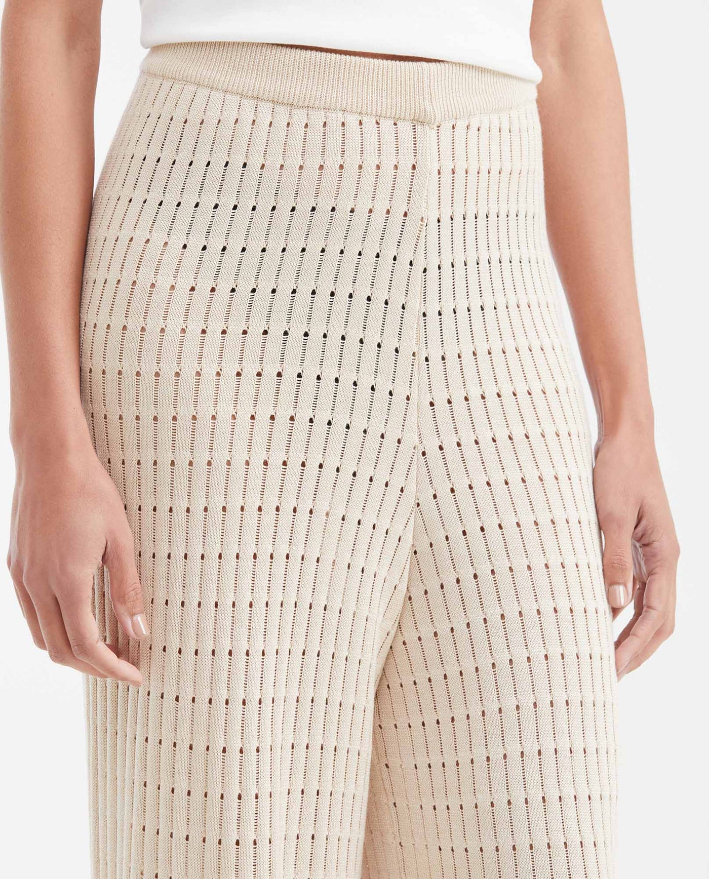 Women's High-Waisted Wide Leg Openwork Knit Pants in Modal - Matching Set Piece - 3
