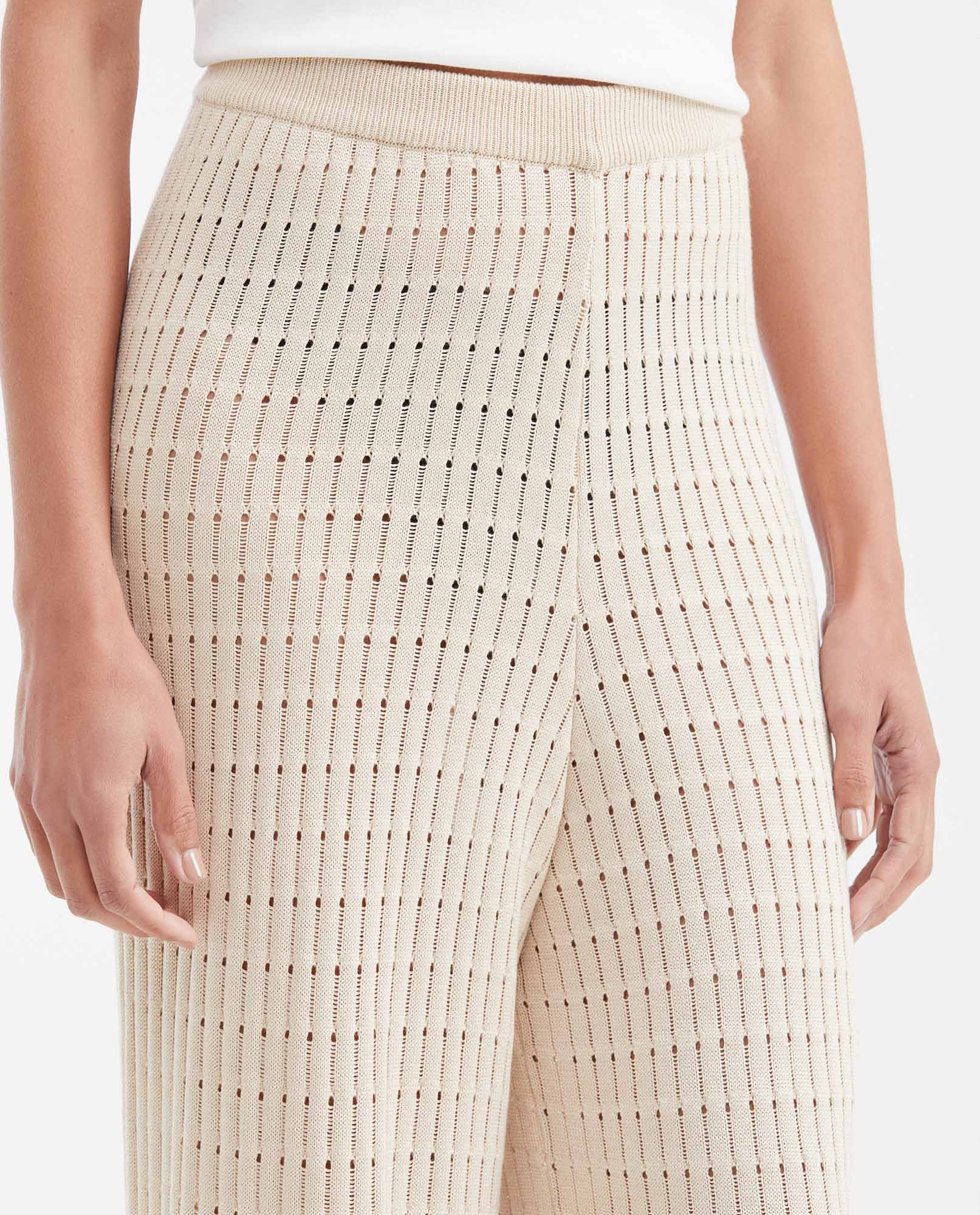 Women's High-Waisted Wide Leg Openwork Knit Pants in Modal - Matching Set Piece - 3