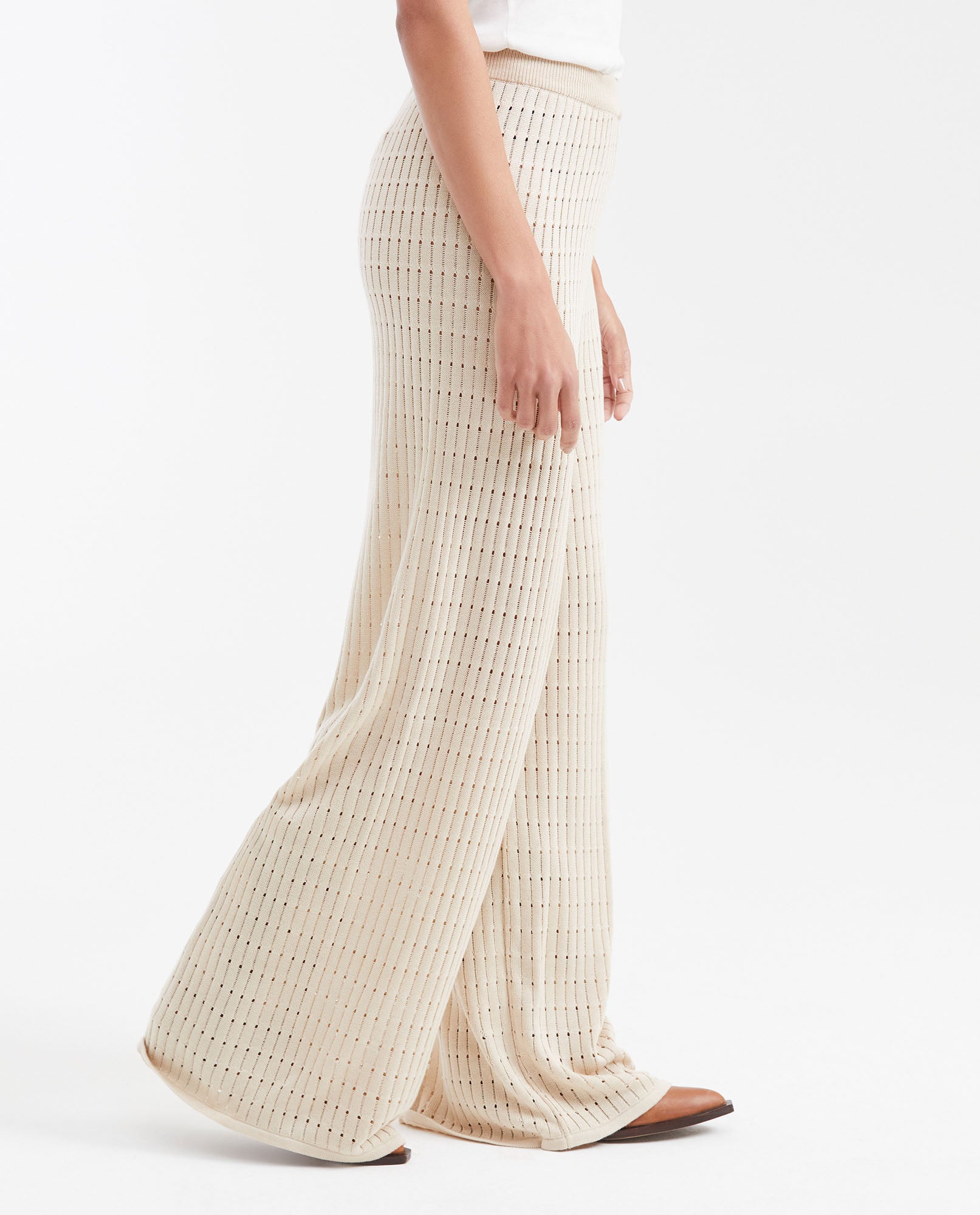 Women's High-Waisted Wide Leg Openwork Knit Pants in Modal - Matching Set Piece - 4