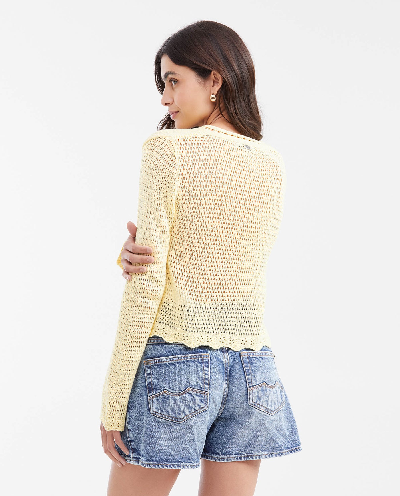 Women's Straight Fit Cardigan with Mixed Crochet Trim in Modal - 4
