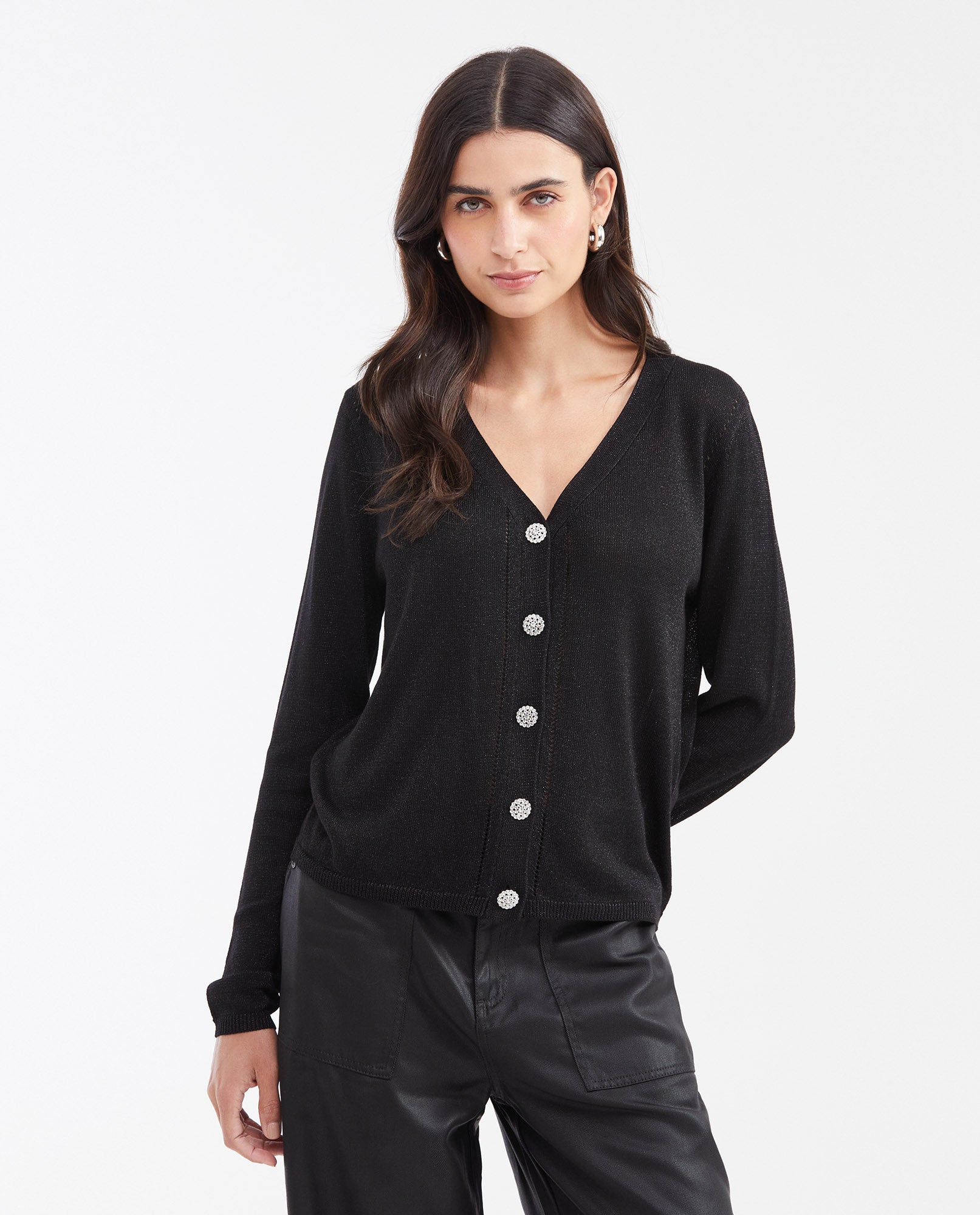 Women's Straight Fit Cardigan with Jeweled Buttons and Silver Lurex in Viscose-Polyamide - 1