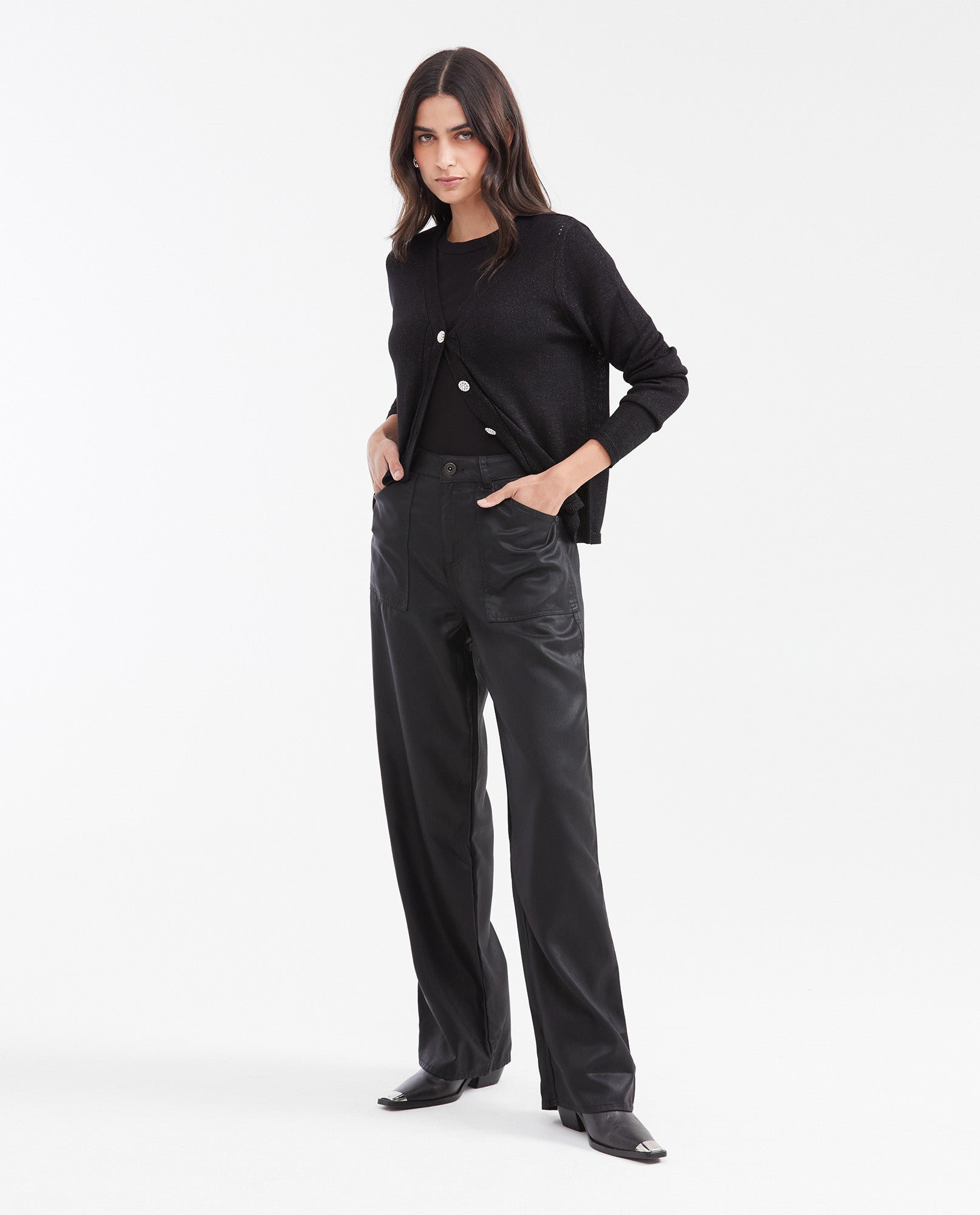 Women's Straight Fit Cardigan with Jeweled Buttons and Silver Lurex in Viscose-Polyamide - 2