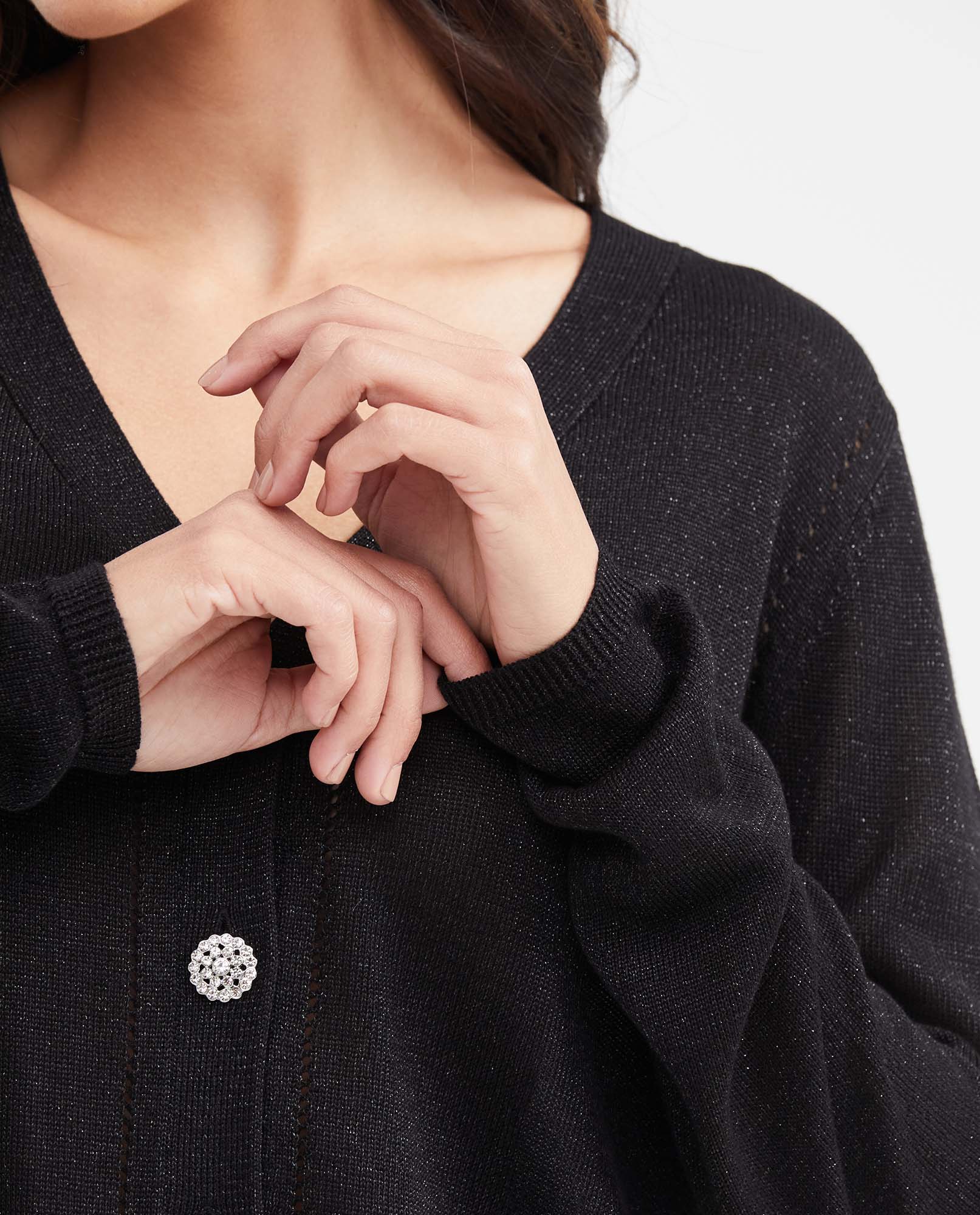 Women's Straight Fit Cardigan with Jeweled Buttons and Silver Lurex in Viscose-Polyamide - 4