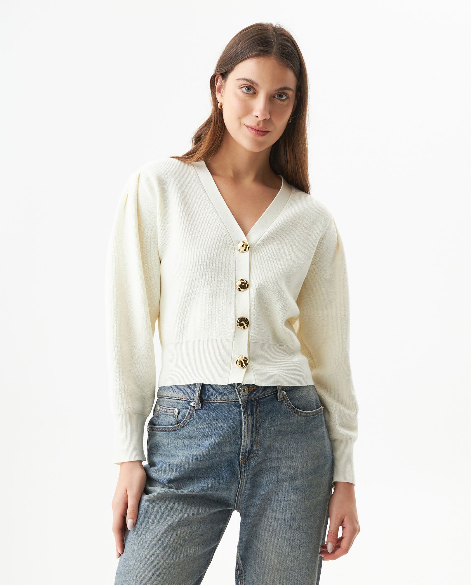 Women's Golden Button Bomber Knit Cardigan in Polyamide-Cotton Blend - 1