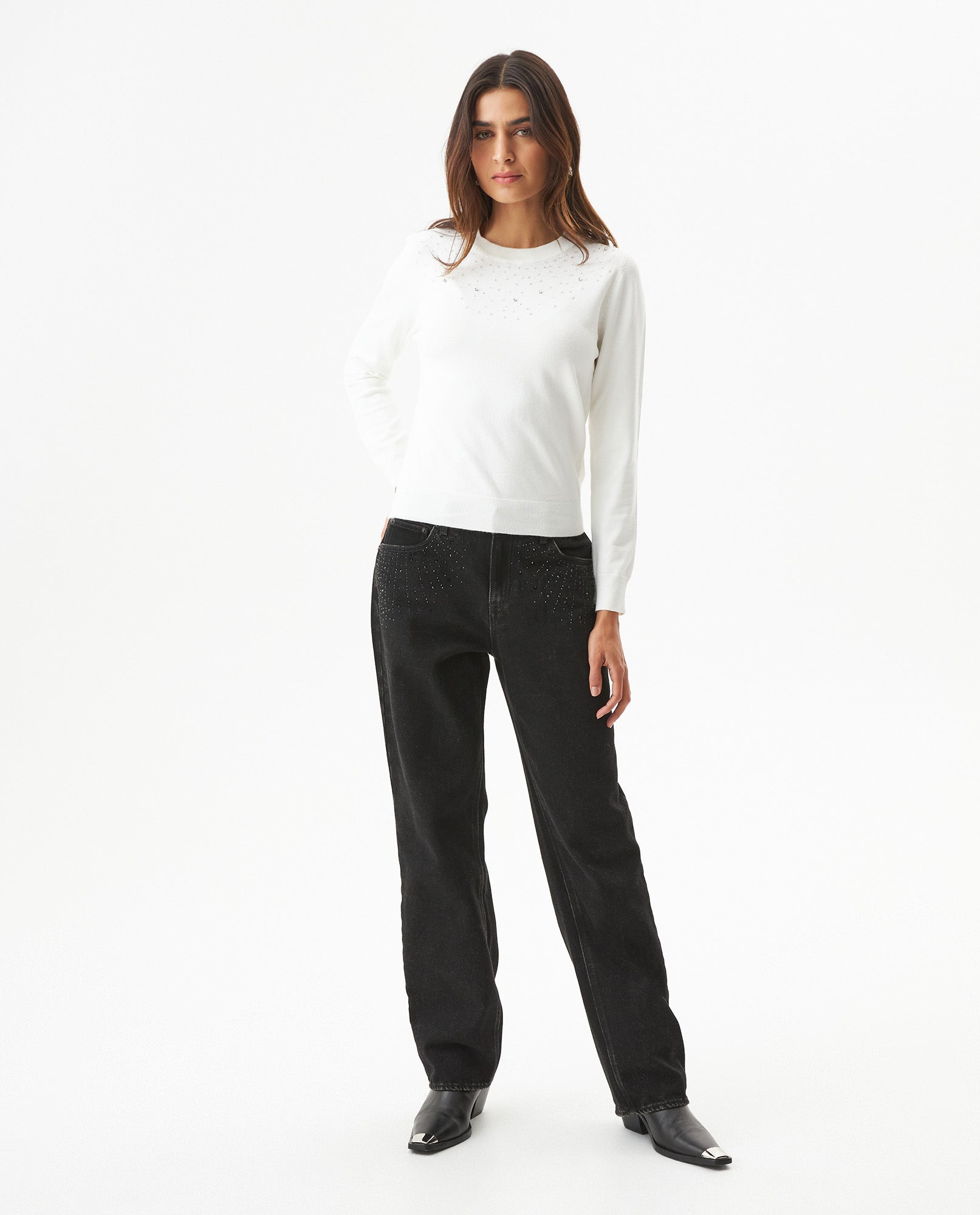 Women's Stone Embellished Crew Neck Sweater in Viscose-Polyamide Blend, Majestic - 3