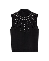 Women's Stone Embellished Halter Knit Top in Acrylic Stretch Blend, Stardust - 1