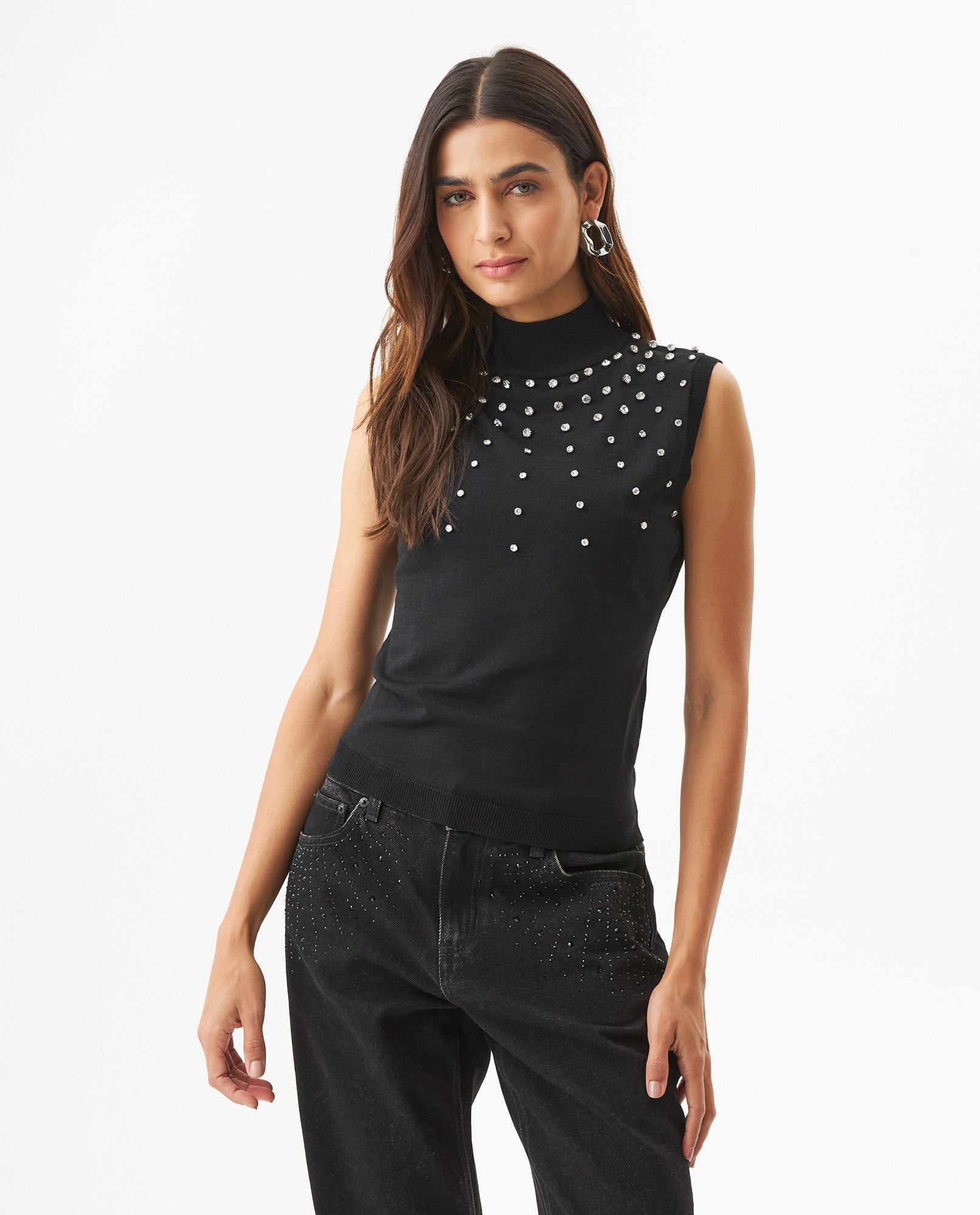 Women's Stone Embellished Halter Knit Top in Acrylic Stretch Blend, Stardust - 2