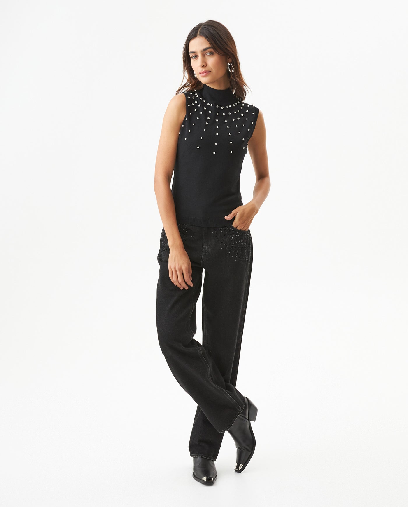 Women's Stone Embellished Halter Knit Top in Acrylic Stretch Blend, Stardust - 3