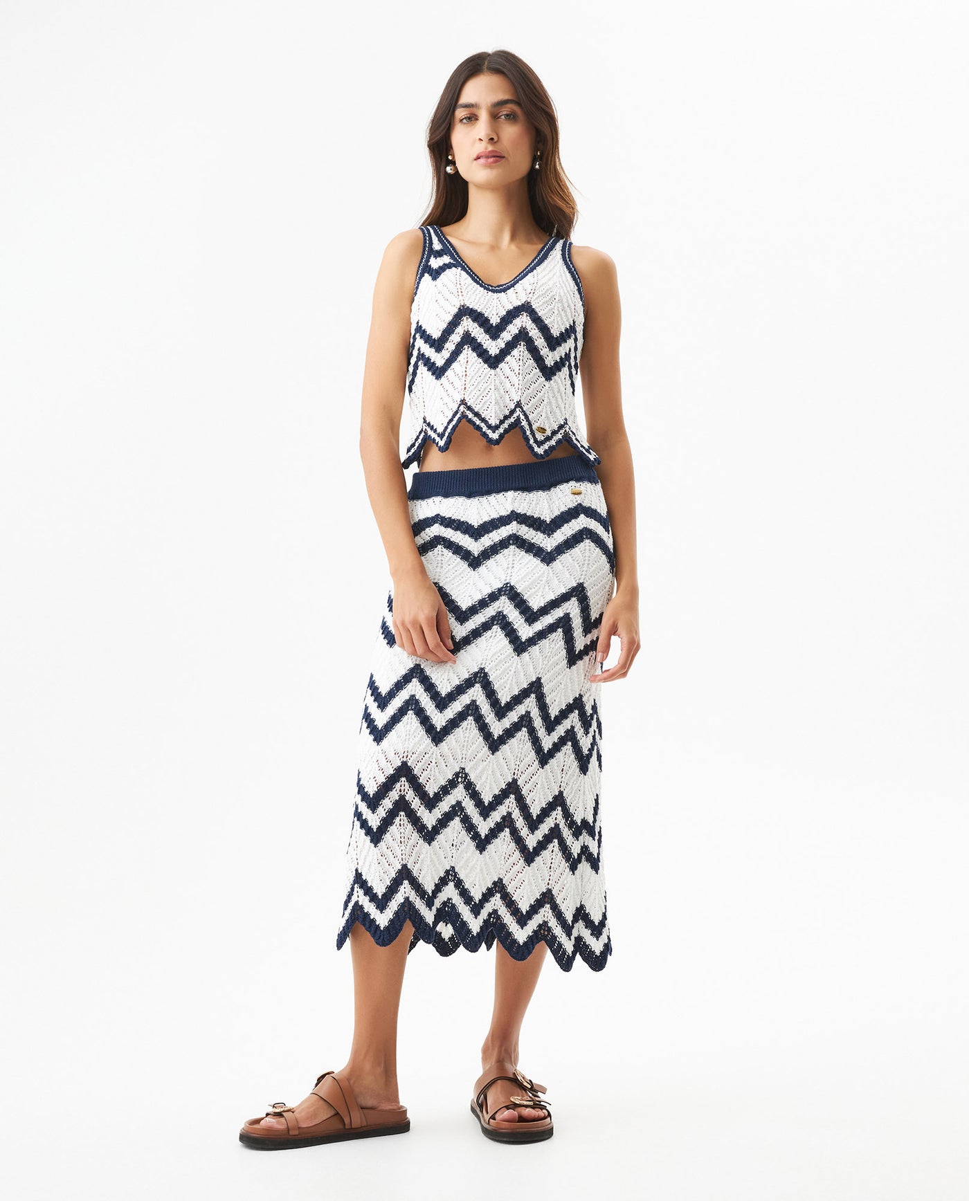 Women's Artisanal Crochet 2-Piece Set Knit Top in Polyester-Cotton Blend, Moonlight - 3
