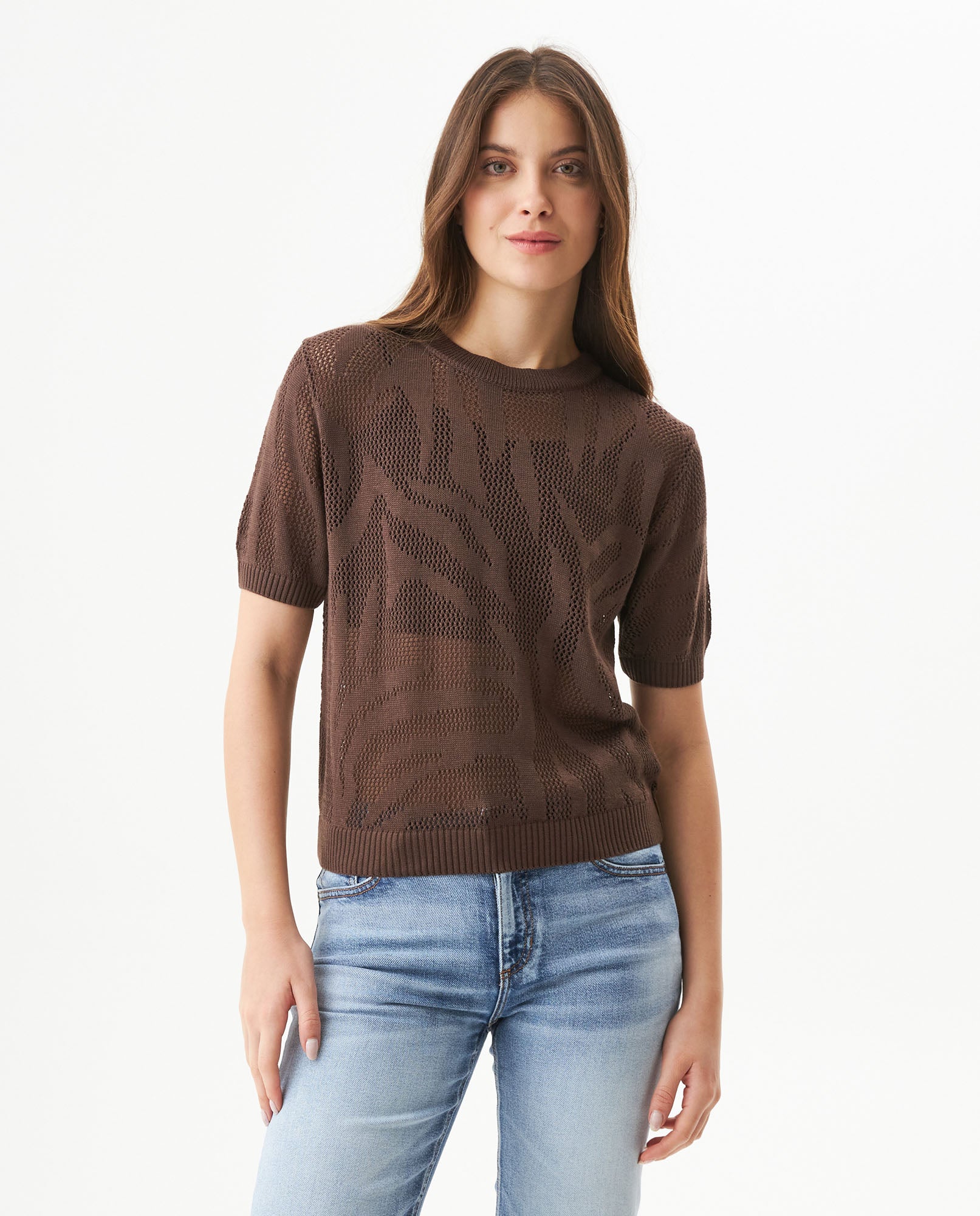 Women's Animal Print Intarsia Short Sleeve Knit Top in Acrylic-Modal Blend - 2