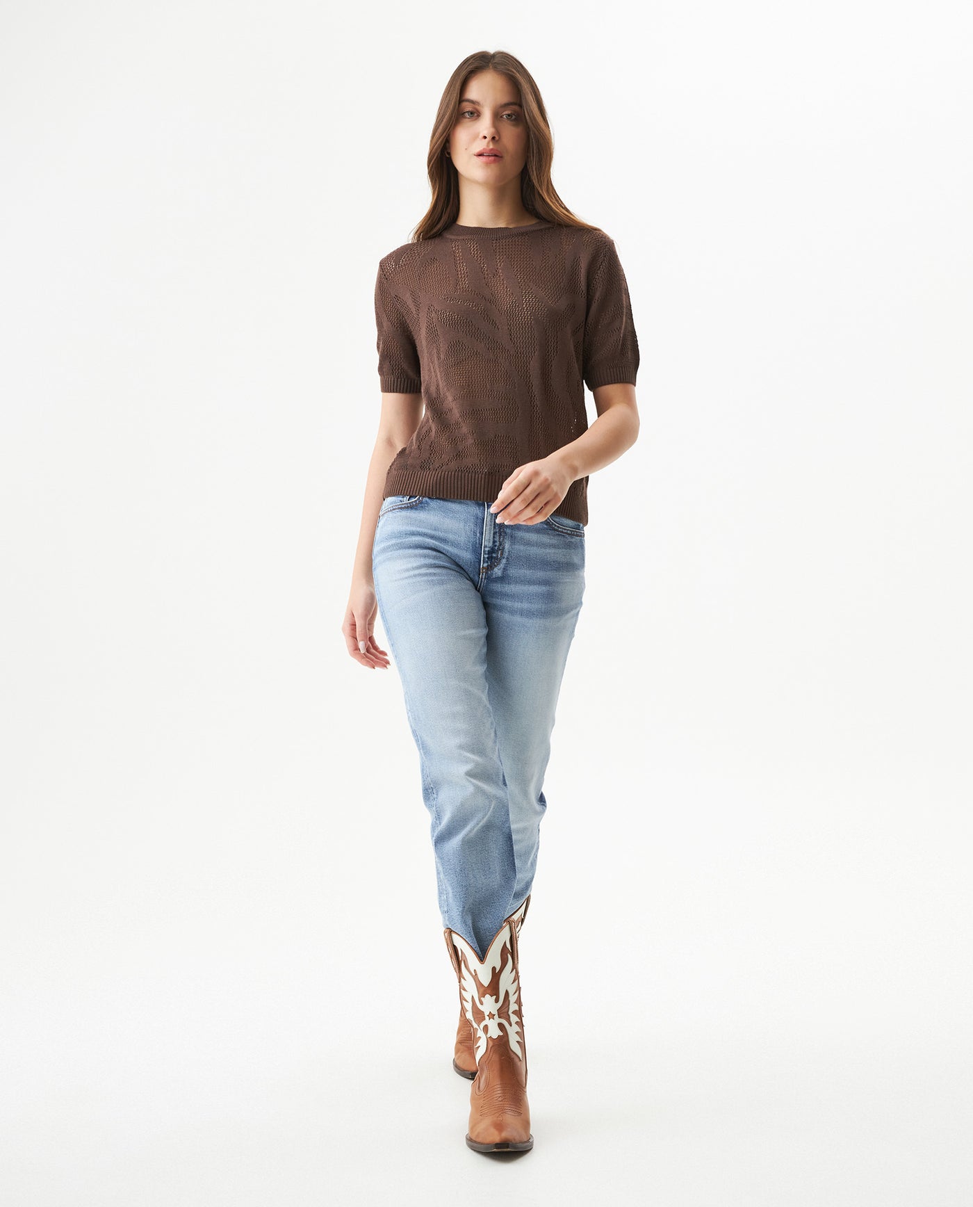 Women's Animal Print Intarsia Short Sleeve Knit Top in Acrylic-Modal Blend - 3