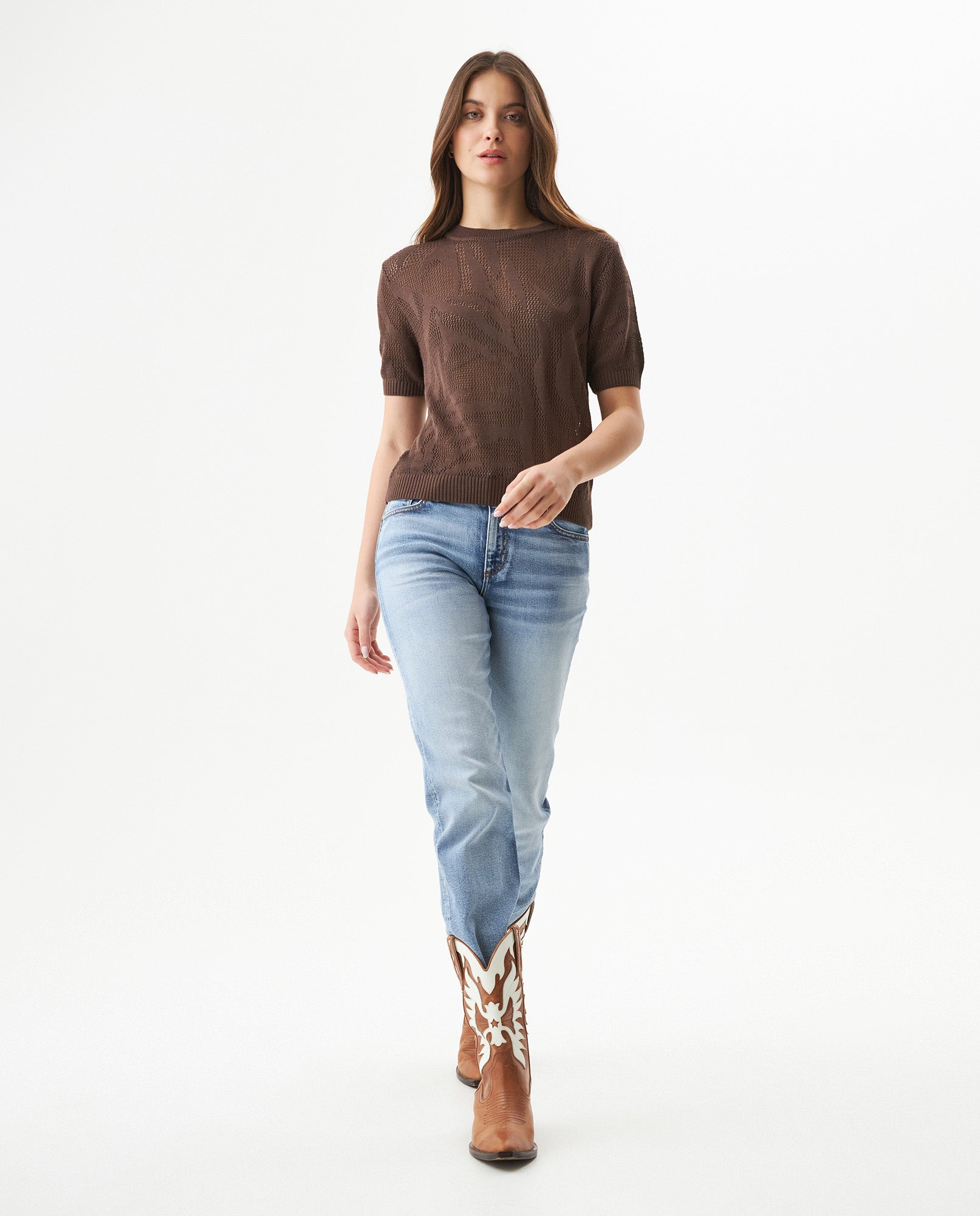 Women's Animal Print Intarsia Short Sleeve Knit Top in Acrylic-Modal Blend - 3
