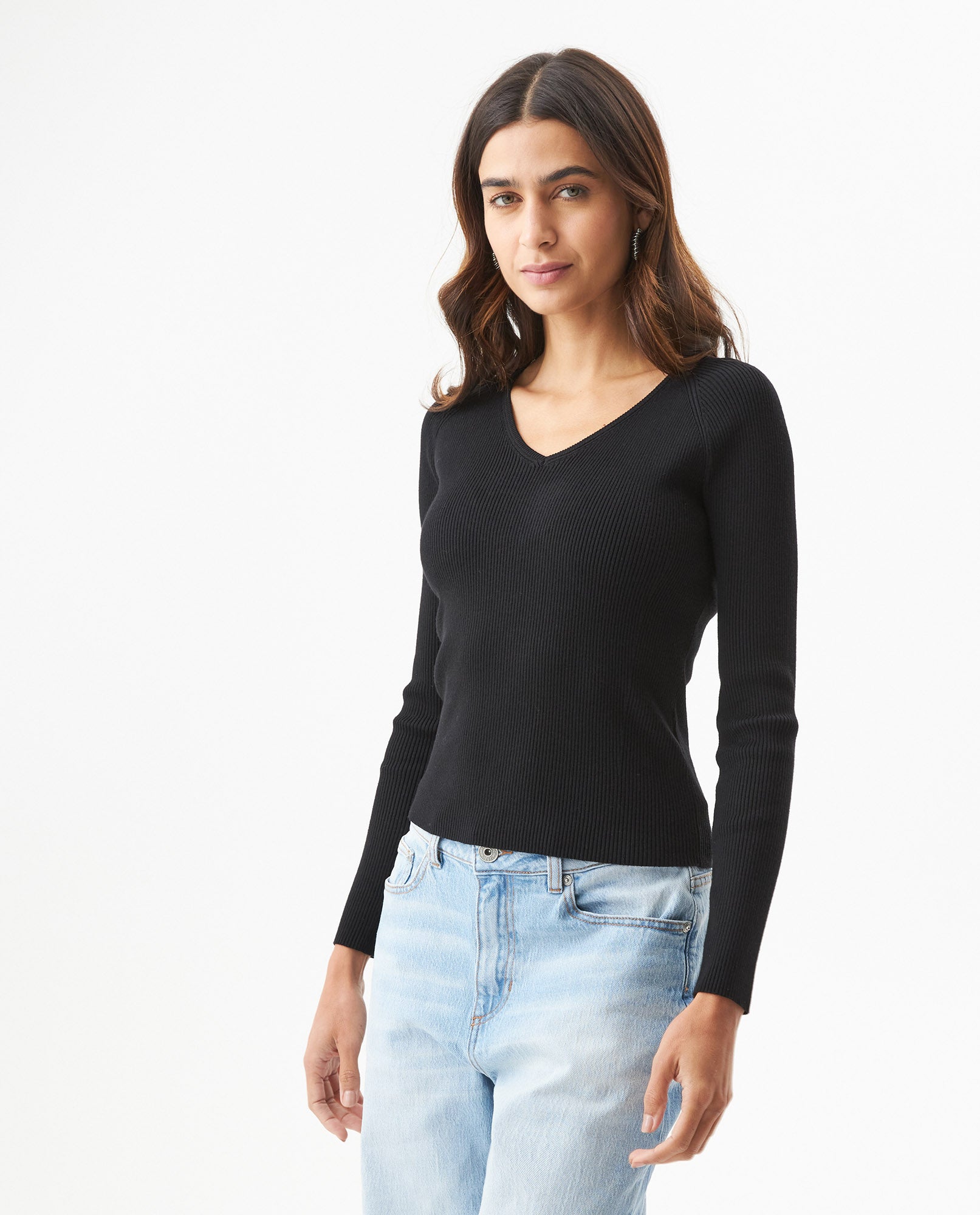 Women's Long Sleeve Heart-Shape V-Neck Knit Top, Compass - 2