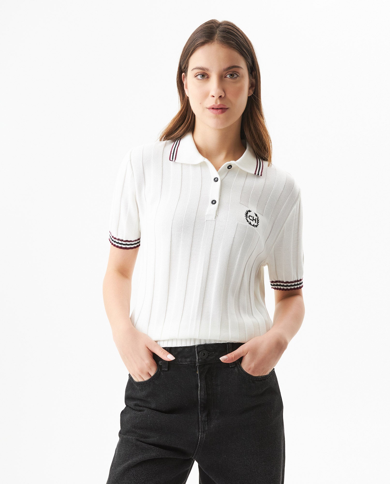 Women's Racing Contrast Knit Polo in Acrylic-Modal Blend - 2