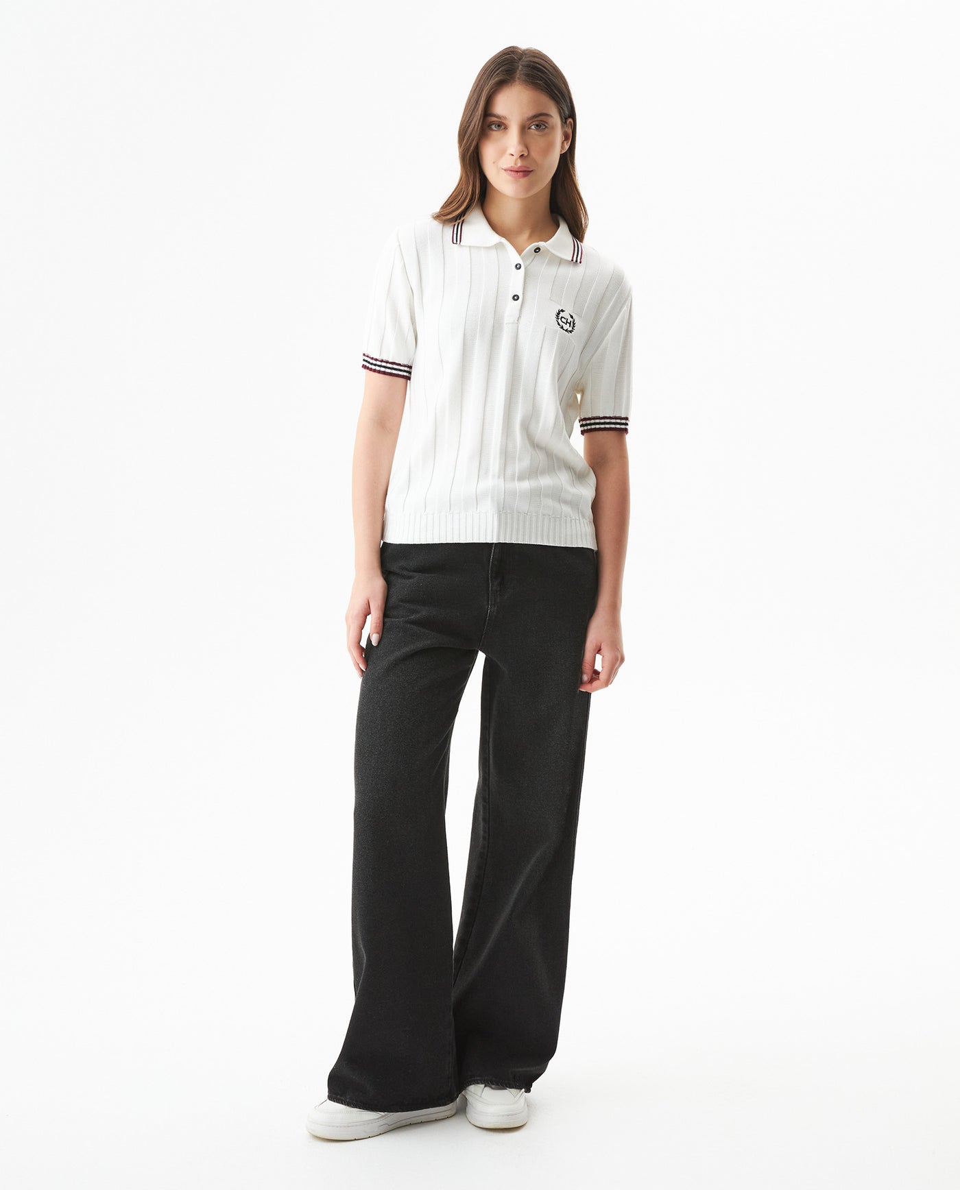 Women's Racing Contrast Knit Polo in Acrylic-Modal Blend - 3